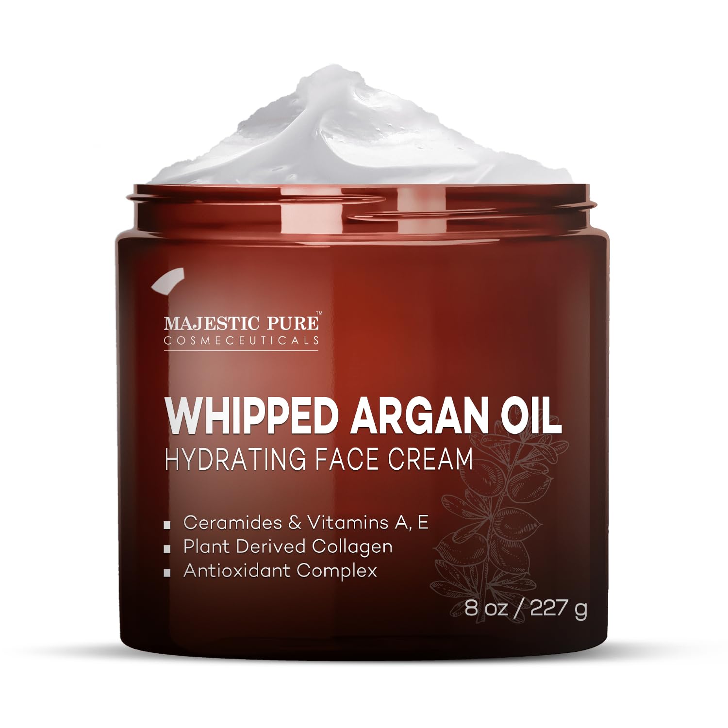 Majestic Pure Whipped Argan Oil Face Moisturizer with Vitamin E, Collagen & Ceramides - Hydrating Cream for Dry & Oily Skin, Anti-Aging Treatment Reduces Fine Lines - 8oz - Perfect for Daily Skincare Routine & Nighttime Hydration