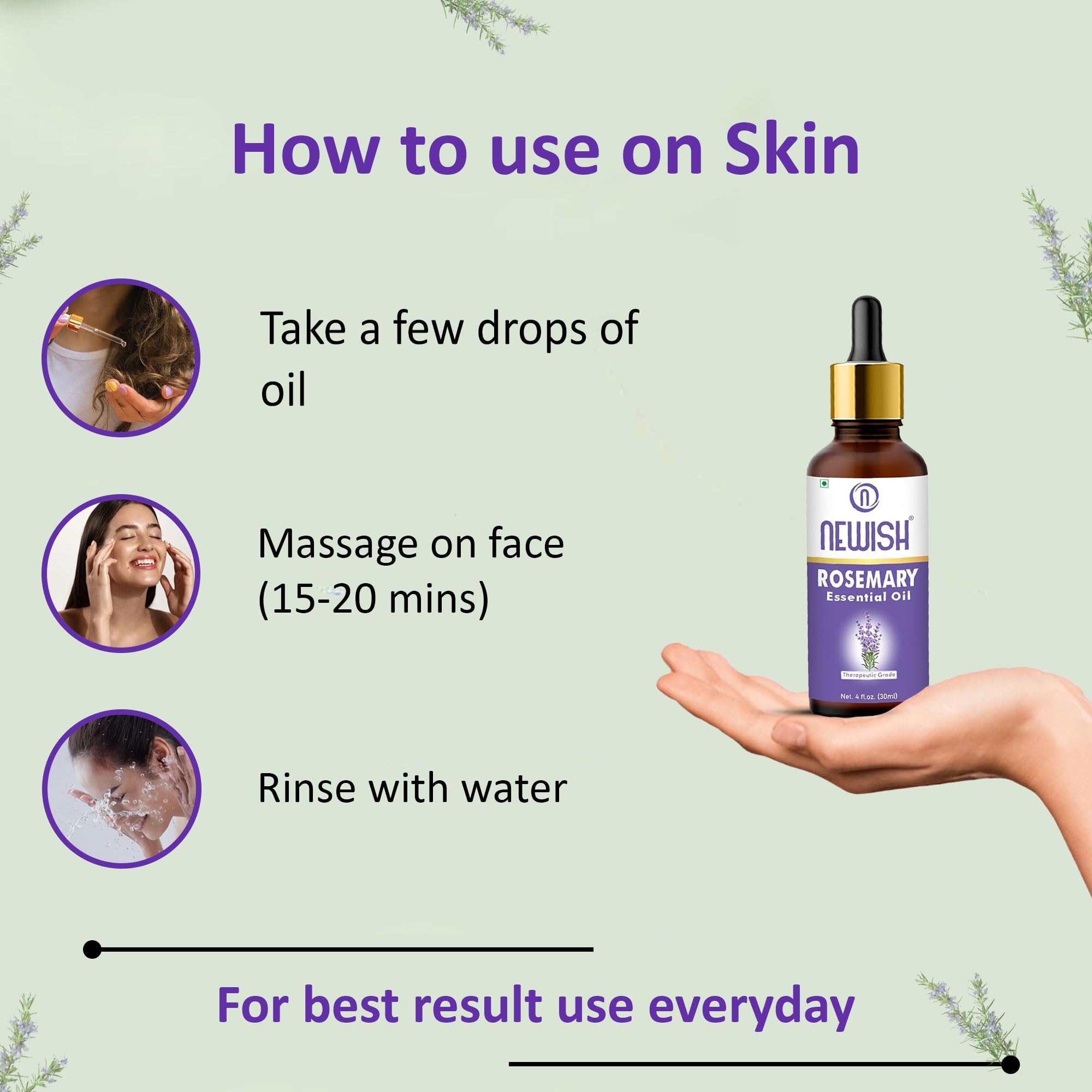 100% Pure Rosemary Essential Oil for Hair Growth & Stress Relief - Undiluted Natural Oil for Hair Fall Control, Skin Care & Nourishment - 30ml Bottle for Aromatherapy, Massage & DIY Beauty Products