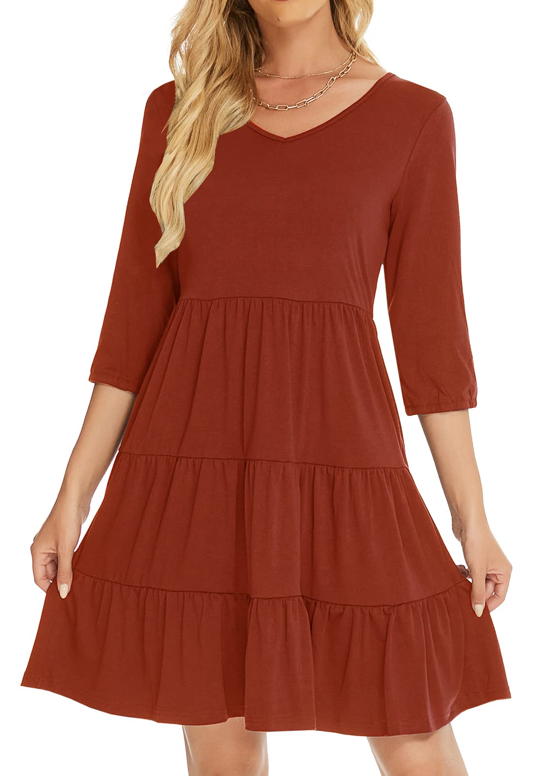 Elegant Women's Fall Dress - V Neck 3/4 Sleeve Knee Length Tiered Ruffled Babydoll Dress for Wedding Guest & Casual Occasions | Perfect for Autumn Parties, Date Nights & Special Events