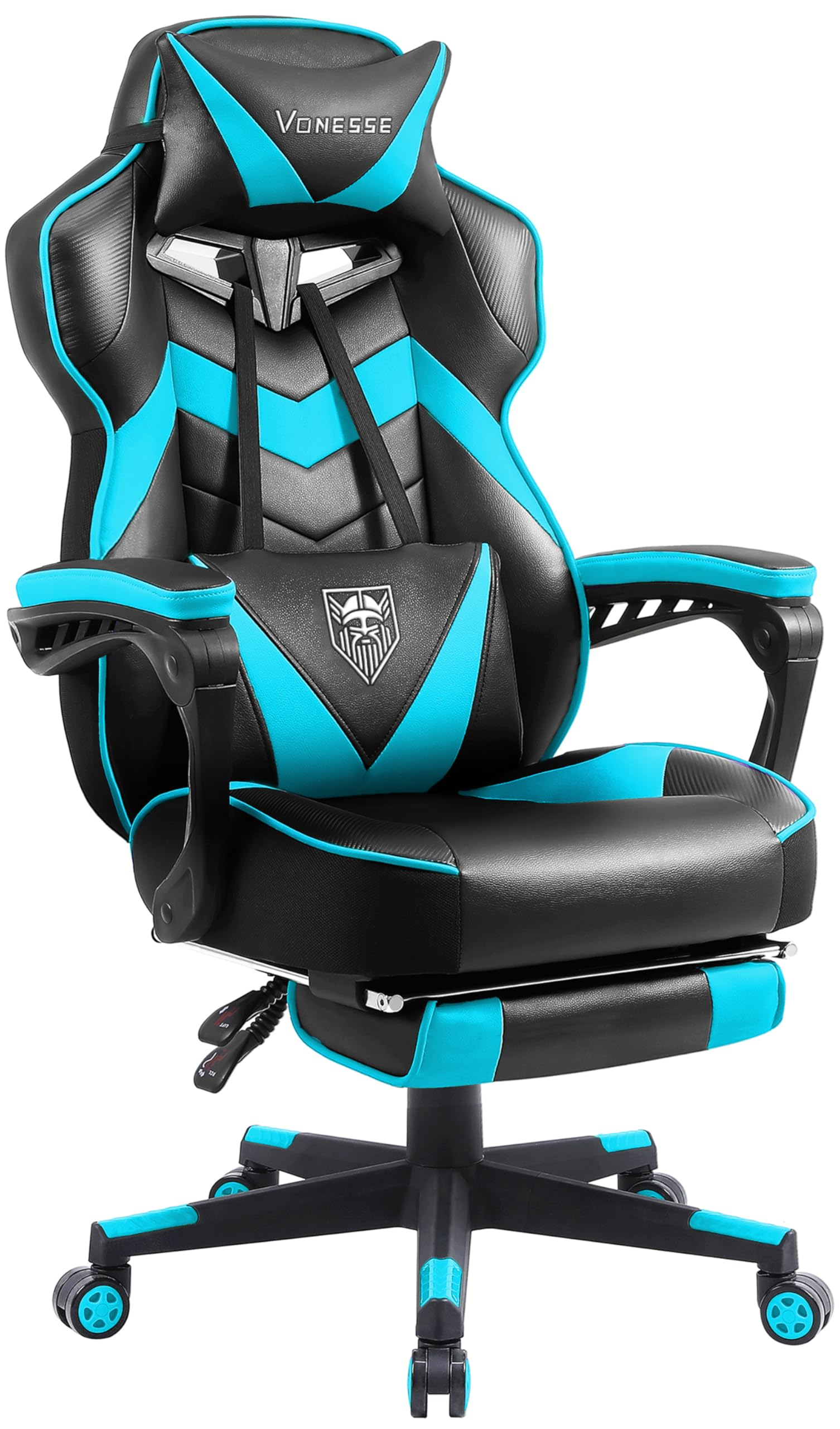Vonesse Ergonomic Gaming Chair with Adjustable Footrest - Big & Tall Computer Chair for Adults - High Back Reclining Office Chair with Lumbar Massage - Cyan/Black - Perfect for Esports, Streaming & Home Office