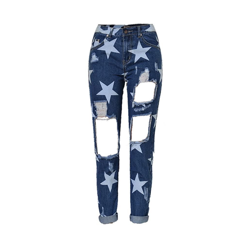 WSSBK Women's Light Blue Ripped Boyfriend Jeans - Distressed Five-Pointed Star Denim Pants with Big Holes (Size XL) | Casual Streetwear & Summer Fashion Outfit