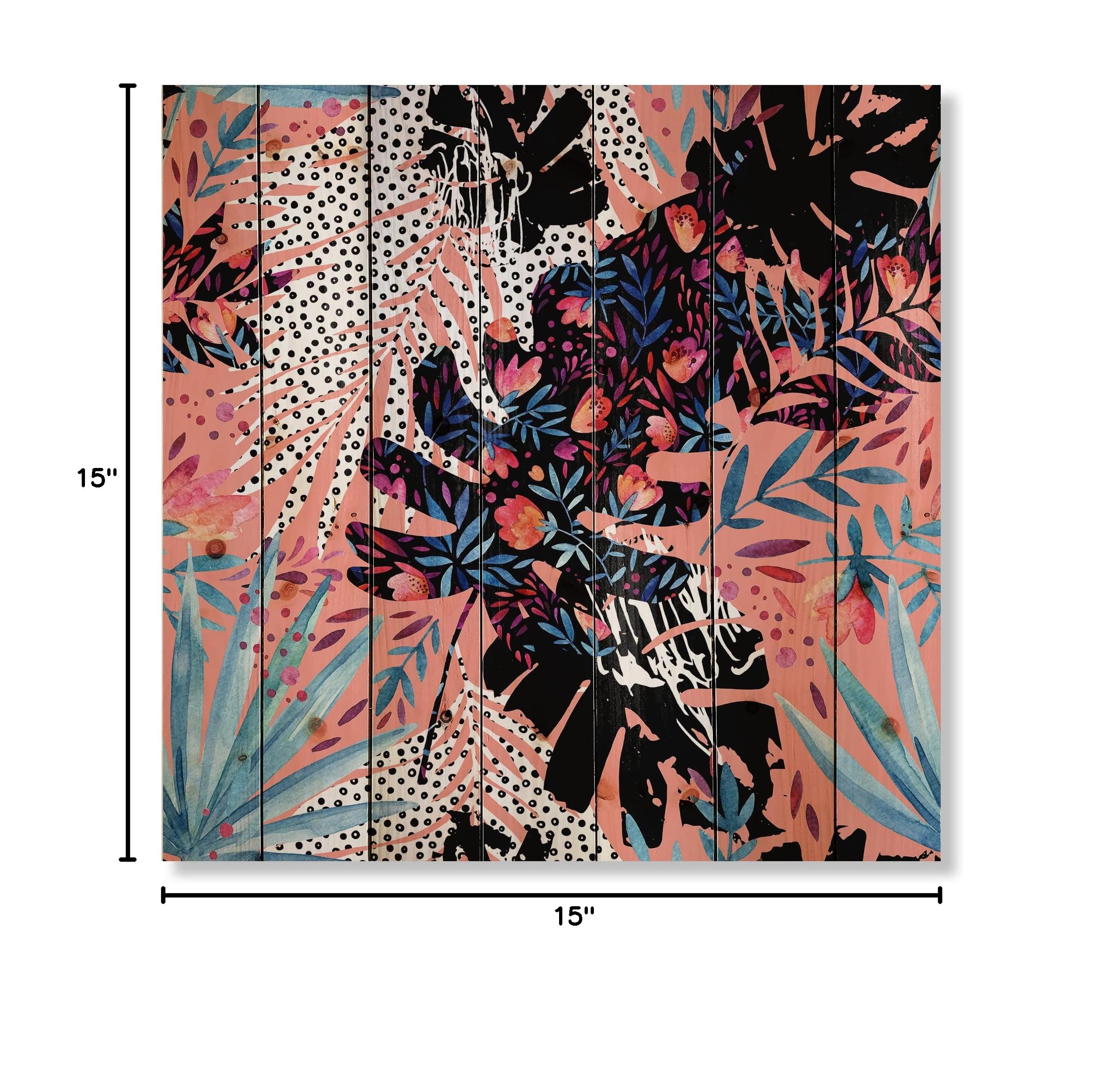 DesignQ Tropical Floral Patchwork Wood Wall Decor - Black Wood Art Panel with Large Floral Print on Natural Pine - Perfect for Living Room, Bedroom & Boho Home Decor