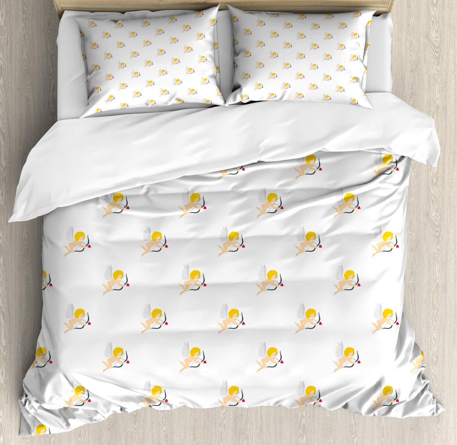 Ambesonne Angel Duvet Cover Set - Cupid Love Arrow Design, Mythical Romance Angels, 3-Piece Bedding Set with 2 Pillow Shams, California King Size, Earth Yellow White Peach | Perfect for Valentine's Day, Romantic Bedroom Decor, Wedding Gift & Angel-Themed Home Decor