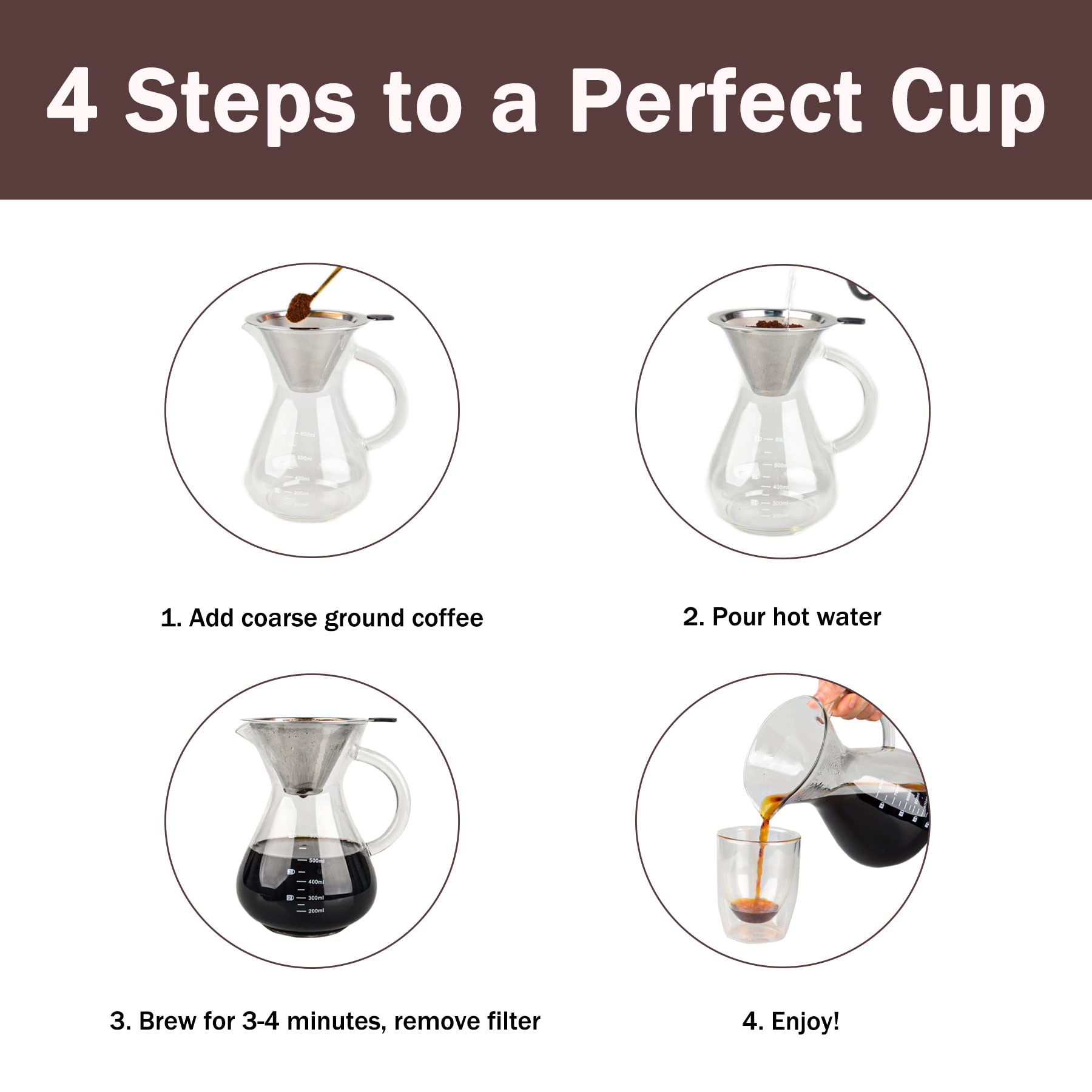 Premium T-mark Pour Over Coffee Maker with Reusable Stainless Steel Filter - 600ml BPA-Free Glass Carafe - Ideal for Home, Office & Camping Brewing