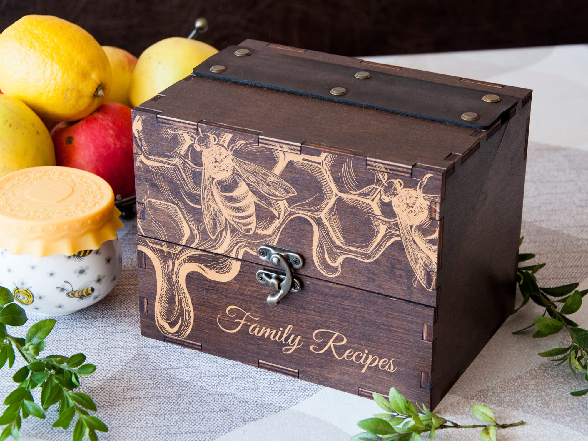 Personalized Wooden Recipe Box with Dividers & Cards - Custom Honeycomb Design Recipe Organizer - 4x6 or 5x7 Recipe Card Storage - Unique Bumble Bee Gift for Sister (Gift Message Option) - Perfect for Kitchen Organization, Wedding Shower Gift & Family Recipe Preservation