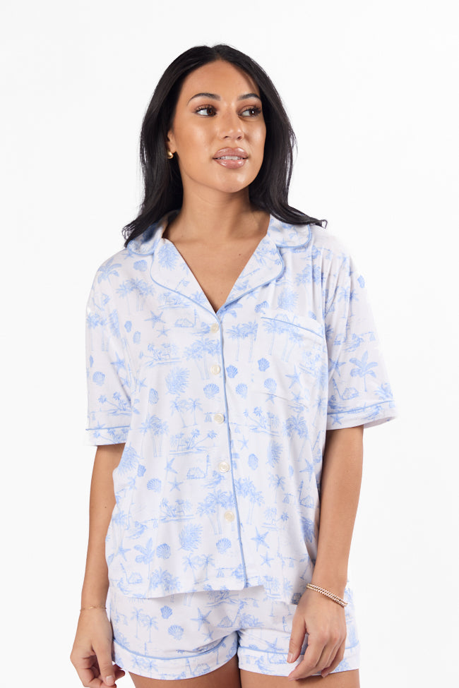 Blue Coastal Toile Short Sleeve Pajama Top for Women - Comfortable Sleepwear for Summer Nights & Beach Vacations - Perfect for Relaxing at Home or Coastal Getaways