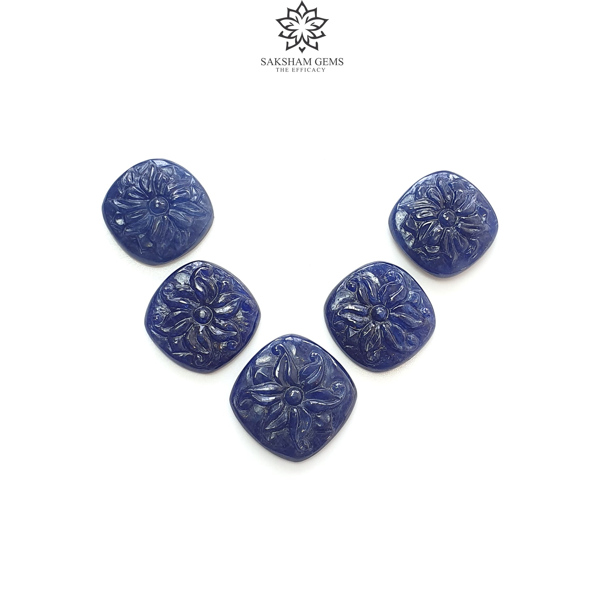 Natural Deep Blue Sapphire Gemstone Carving - 53.20cts Untreated Unheated Hand-Carved Cushion Shape (16x15mm & 18x16mm, 5pcs) | Perfect for Jewelry Making, Engagement Rings & Luxury Gifts