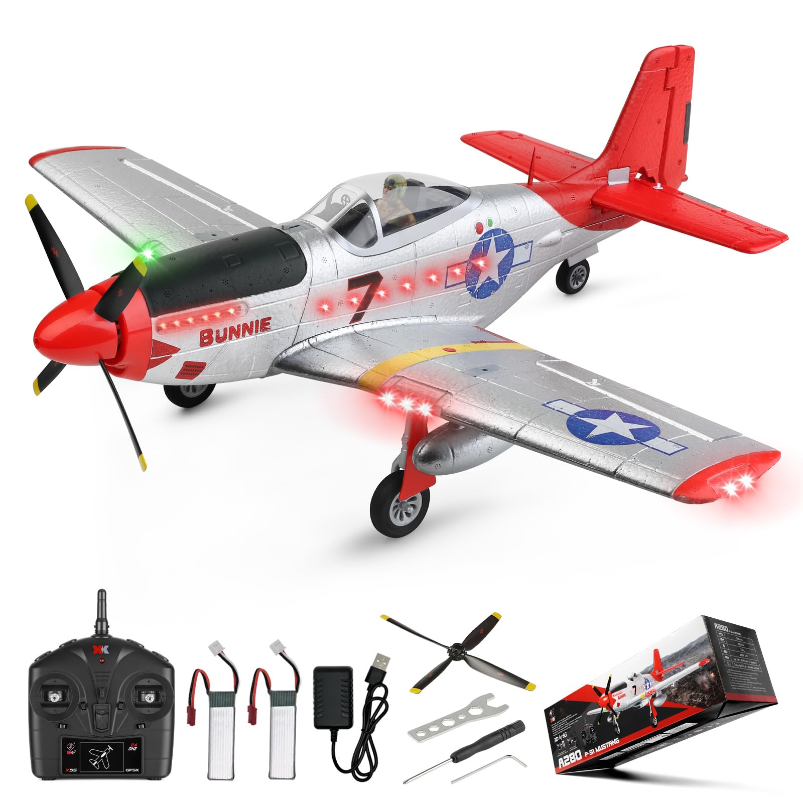 WLtoys XK A280 P51 Mustang 4 Channel RC Airplane with LED Lights - 2.4G Brushless Remote Control Plane for Adults (6G/3D Mode) - Perfect for Hobby Flying, Outdoor Sports & RC Plane Gifts