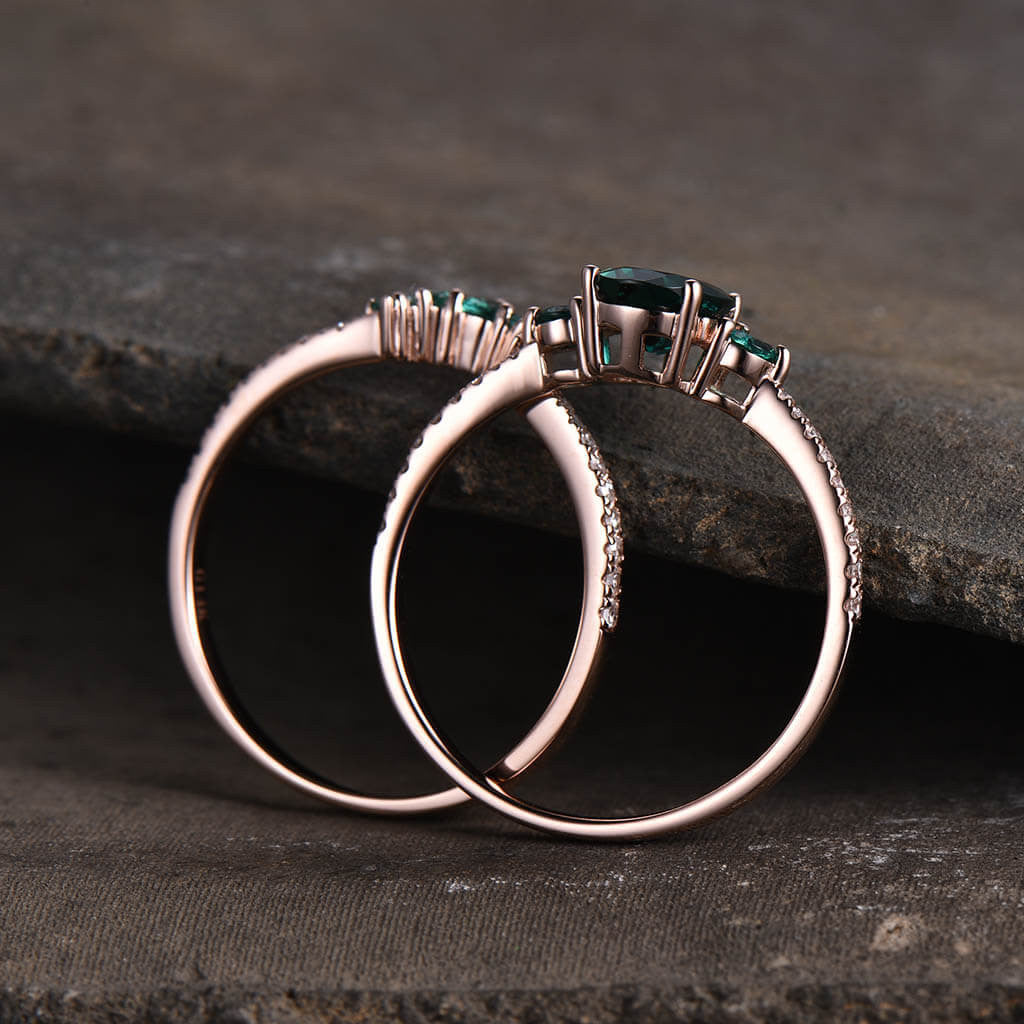 1.2CT Vintage Three Stone Emerald & Diamond Engagement Ring in Rose Gold - Elegant Wedding Set for Bridal, Proposal & Anniversary Gifts