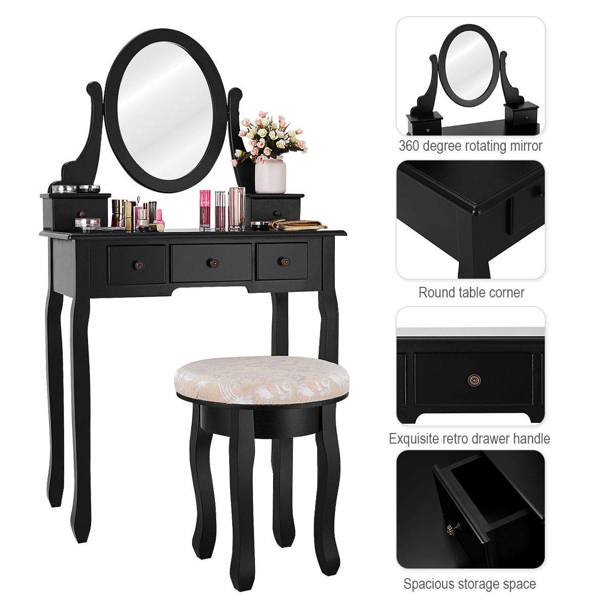 Giantex Vanity Makeup Table Set with Swivel Mirror & Cushioned Stool - 5 Drawer Dressing Table for Bedroom, 360° Rotating Wooden Vanity Desk (Black) - Perfect for Makeup Organization, Dressing Room & Small Space Decor