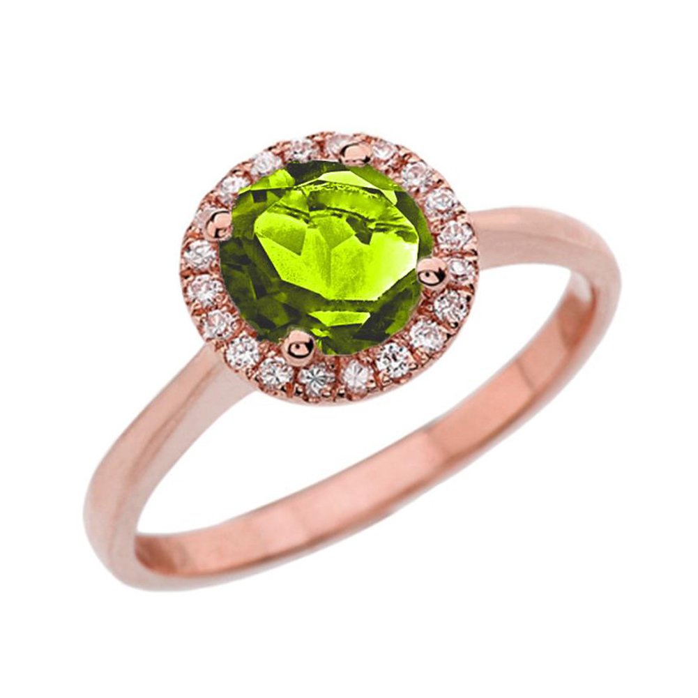 14K Rose Gold Diamond & Peridot Halo Engagement Ring for Women - Perfect Proposal, Wedding, Anniversary Gift - Elegant Jewelry for Brides, Fiancées & Special Occasions