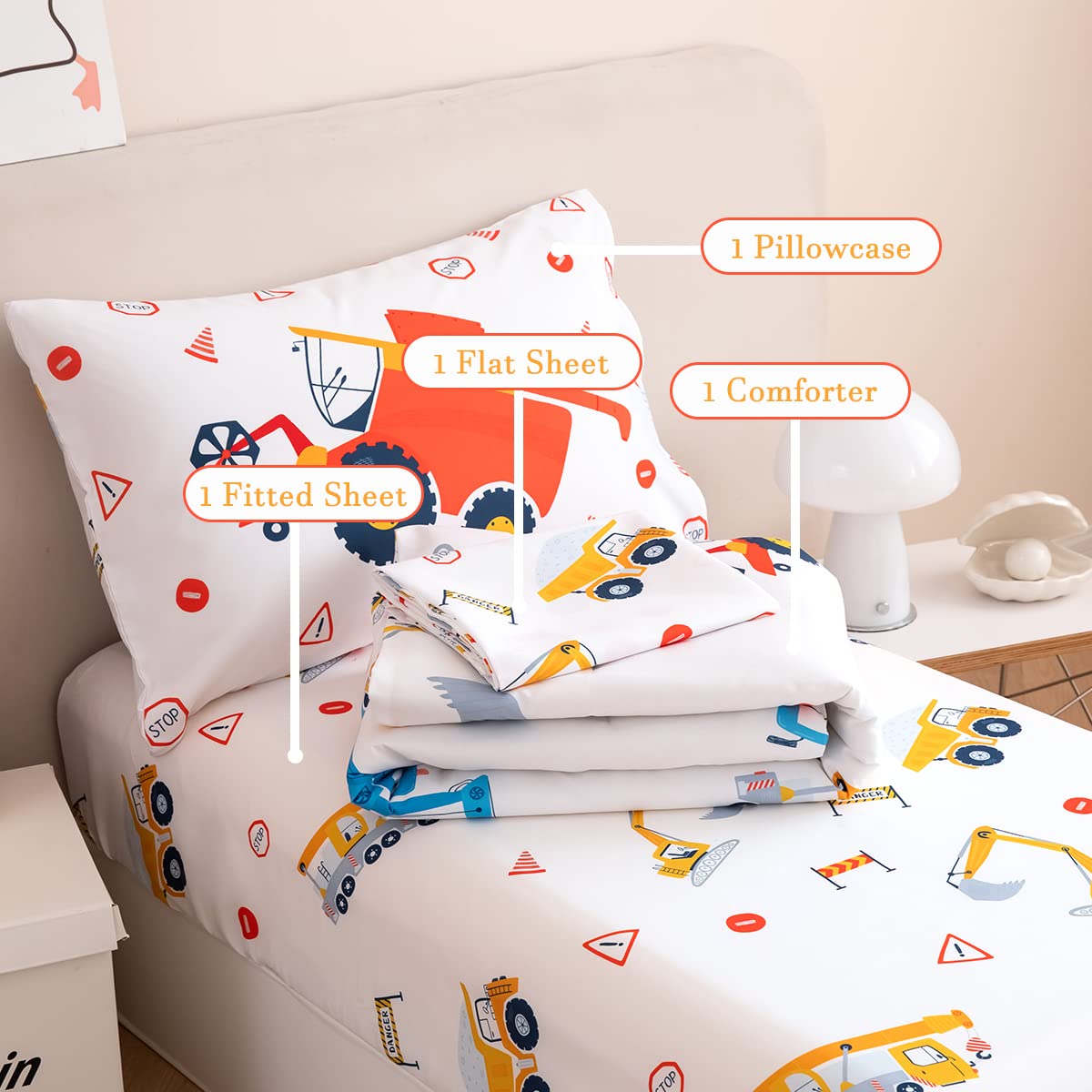 PERFEMET 4-Piece Construction Toddler Bedding Set - Excavator & Truck Themed Reversible Comforter for Boys, All-Season Crib Bedding (White, Truck/Tractor) - Perfect for Nursery, Daycare & Toddler Rooms