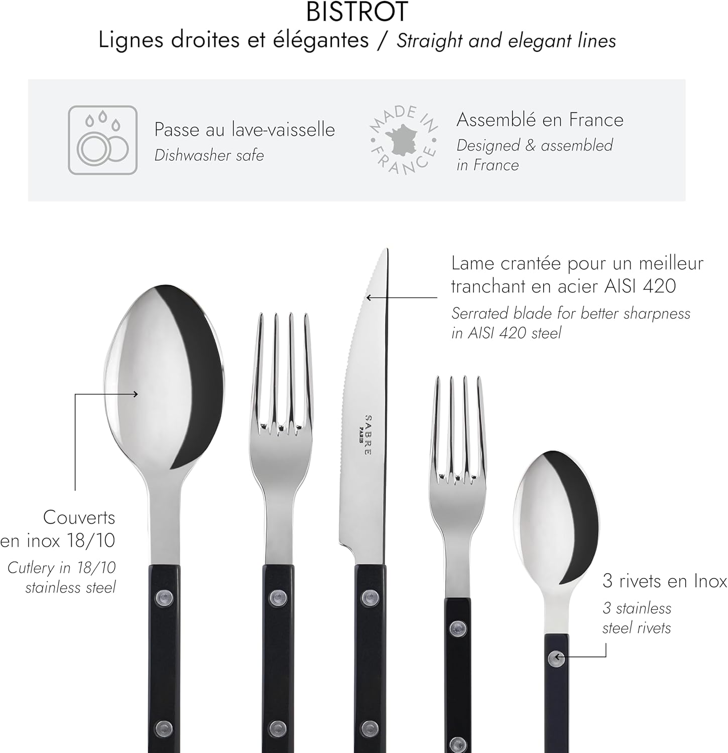 5-Piece Flatware Set - Bistrot Collection with Knife, Fork, Soup Spoon, Teaspoon & Dessert Fork - Stainless Steel & Nylon - Dishwasher Safe - Black - Brilliant Finish - Perfect for Restaurants, Cafes, and Home Dining