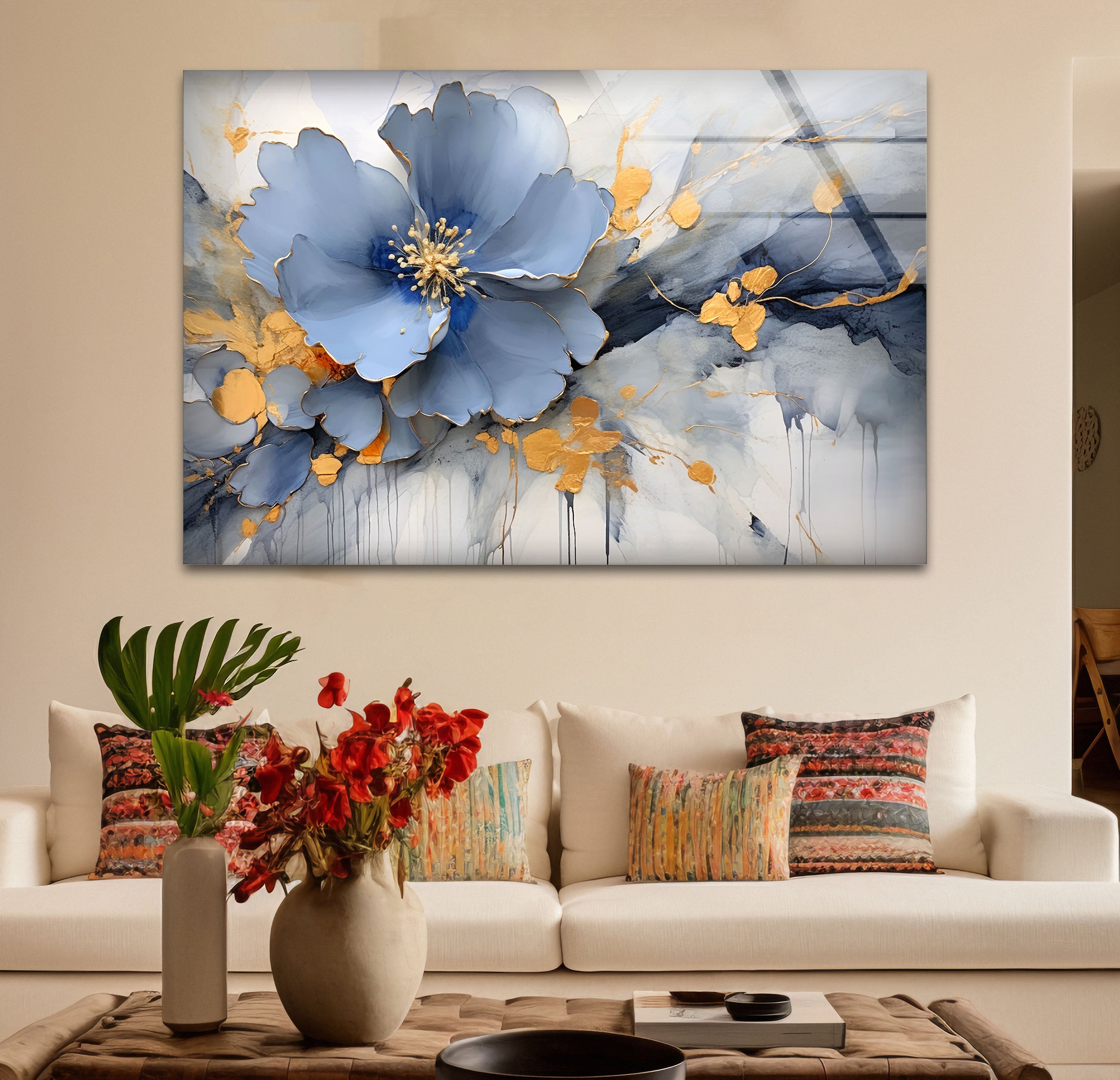 Blue Gold Blossom Wall Art - Elegant Floral Glass Print for Home Décor | Modern Botanical Painting for Living Room, Bedroom & Office | Perfect Housewarming Gift
