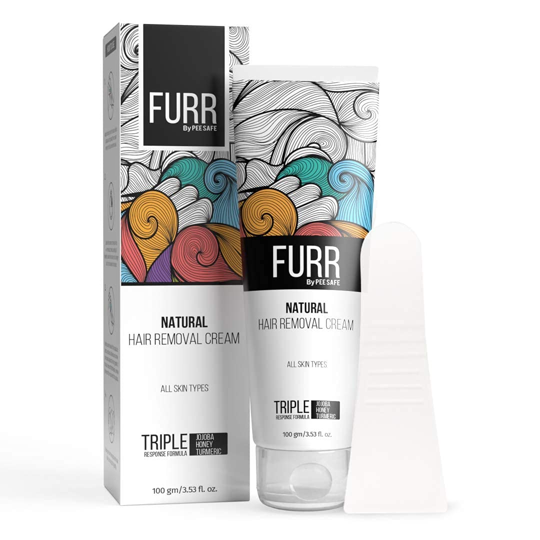 FURR By Pee Safe Natural Hair Removal Cream - 100gm with Vitamin E, Turmeric, Jojoba Oil & Avocado - Triple Response Formula for All Skin Types - Gentle Depilatory for Legs, Arms & Bikini Area - 1 Count