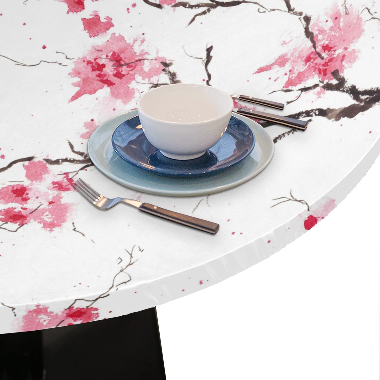 Japanese Cherry Blossom Elastic Edge Round Tablecloth - Floral Painting Wipeable Fitted Table Cover (45
