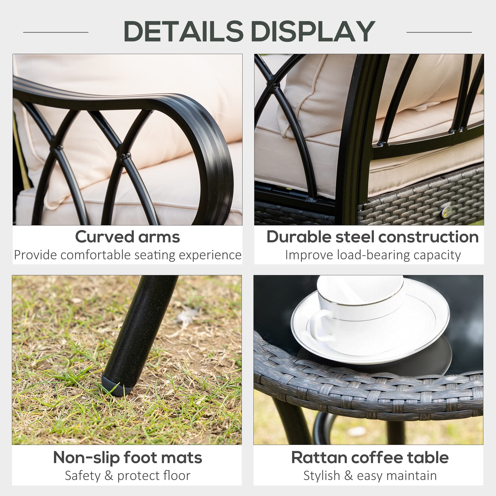 Outsunny 3-Piece Wicker Rocking Patio Set with Glass Coffee Table & Cushioned Chairs - Outdoor Rattan Bistro Furniture for Backyard, Balcony, Garden - Perfect for Relaxing, Entertaining Guests & Enjoying Morning Coffee