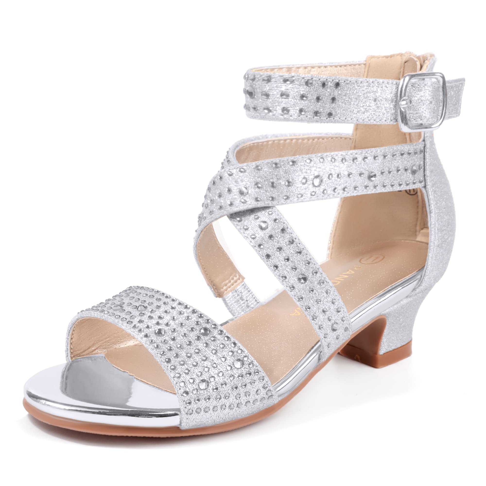 PANDANINJIA Anna Girls Low Heel Dress Sandals - Open Toe Rhinestone Flower Glitter Shoes for Toddler, Little & Big Kids | Perfect for Weddings, Parties & Special Occasions