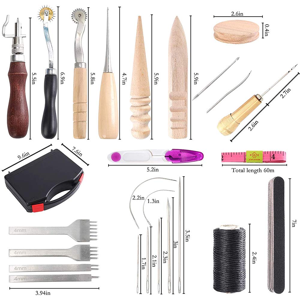 59-Piece Leather Craft Punch Tool Kit with Prong Punch, Stamping Tools & Wax Ropes - Complete Leather Working Tools Set for DIY Leather Crafting, Repairing & Leatherworking Projects