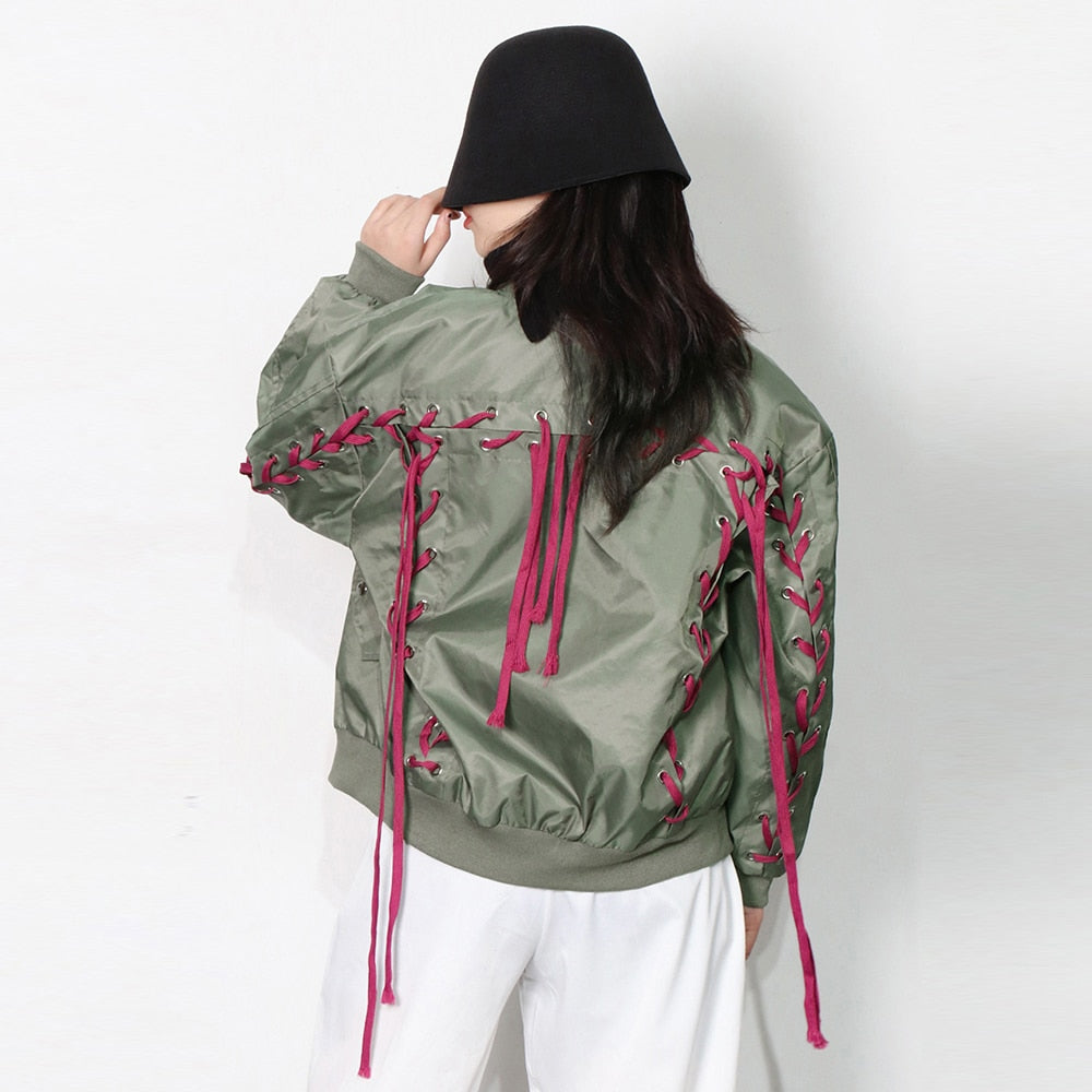 Women's Bandage Lace-Up Long Sleeve Coat with Stand Collar - Colorblock Streetwear Jacket for Fashion Outfits | Perfect for Casual Wear, Night Out, and Urban Street Style