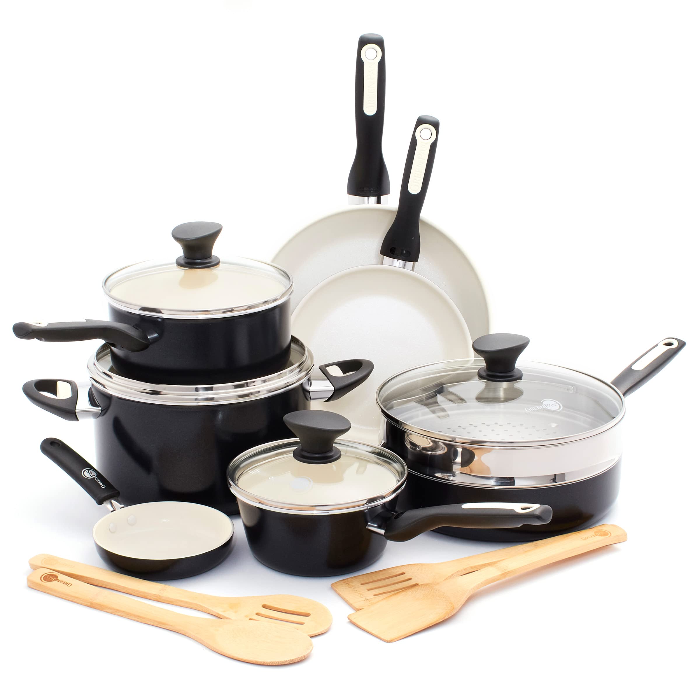 GreenPan Rio 16-Piece Nonstick Cookware Set - PFAS-Free Ceramic Coating, Hard Anodized, Bakelite Handles - Includes Fry Pans, Saucepan, Saute Pan & Stock Pot - Dishwasher Safe & Oven Safe to 600°F - Perfect for Healthy Cooking, Frying, Boiling & Meal Prep in Modern Kitchens
