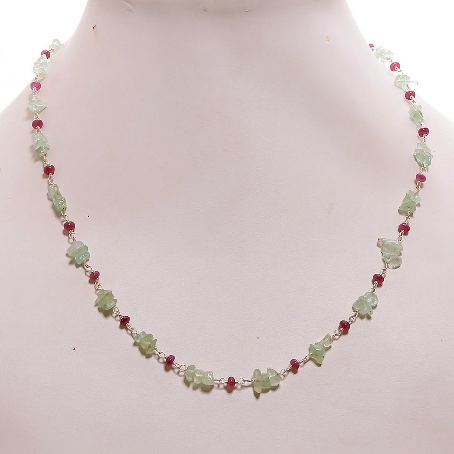 Natural Raw Uncut Emerald & Ruby Gemstone Beads 925 Sterling Silver Chain Necklace - 16 Inch Statement Jewelry Gift for Women, Perfect for Weddings, Parties & Special Occasions