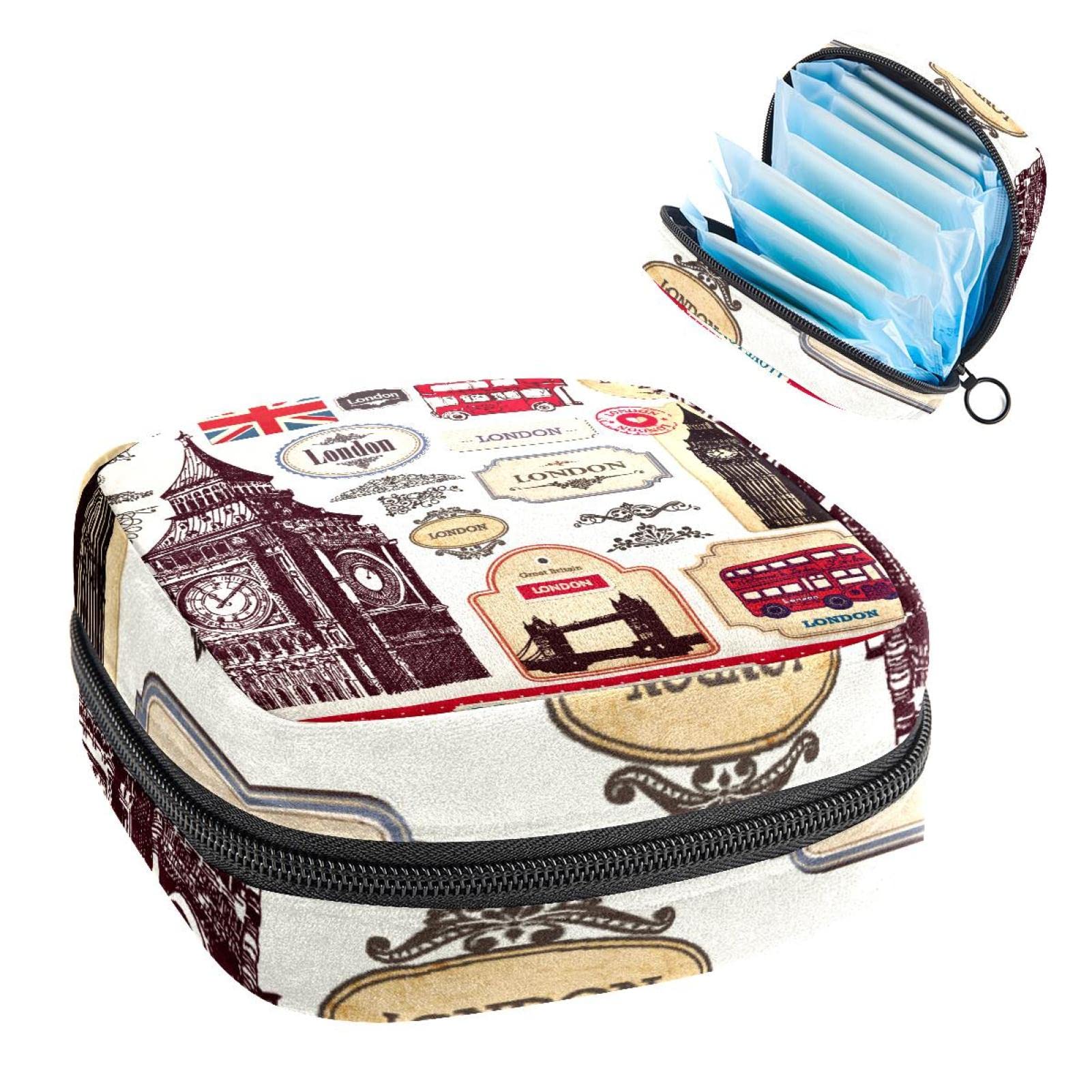 Women's Period Kit Bag - Reusable Sanitary Pad Organizer & Menstrual Cup Storage Pouch with London England Symbols - Perfect for School, Travel, and On-the-Go Hygiene Essentials