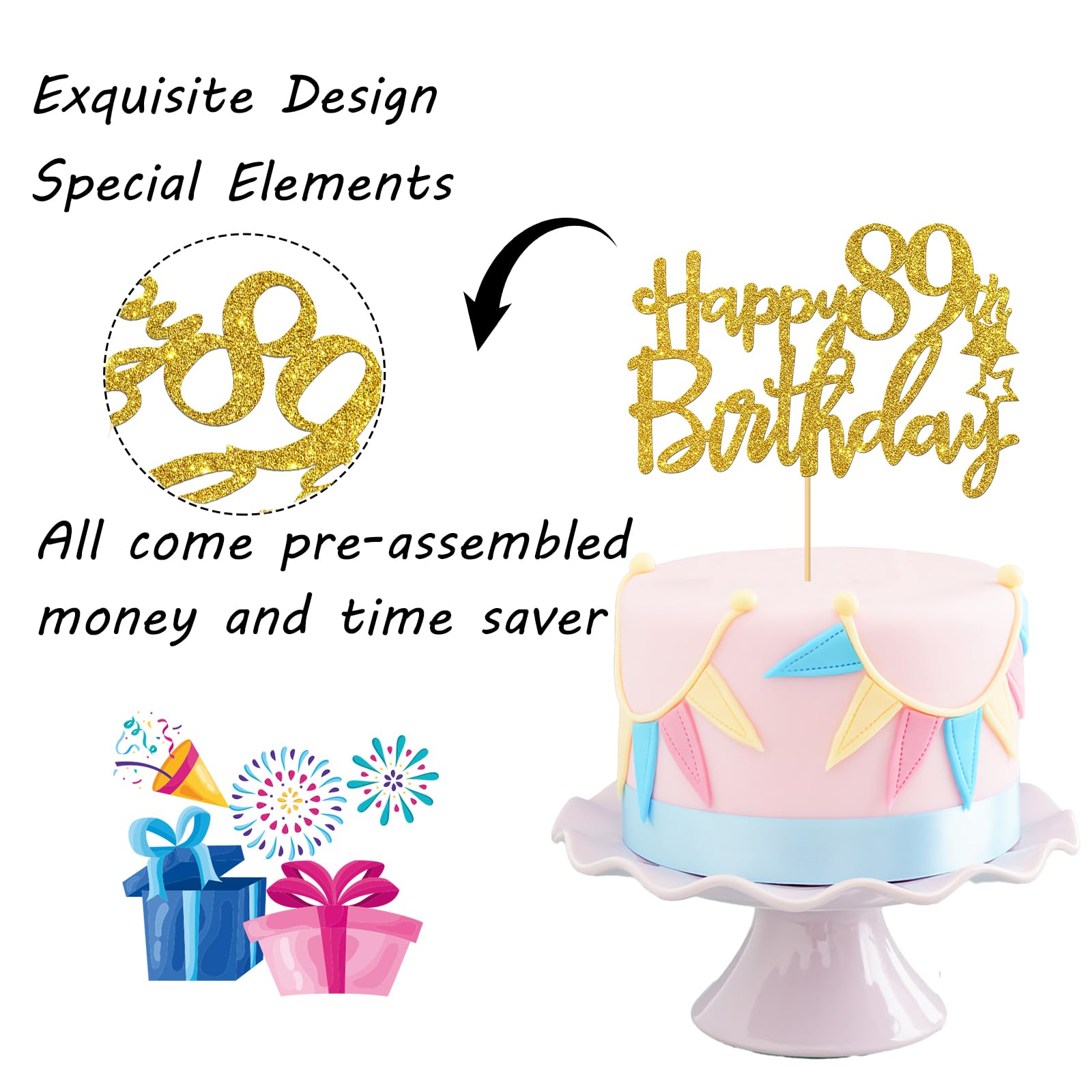89th Birthday Cake Topper - Gold Glitter 89 Sign for Birthday Cakes - Cheers to 89 Years Party Decorations - Perfect for Milestone Birthday Celebrations & Anniversary Parties