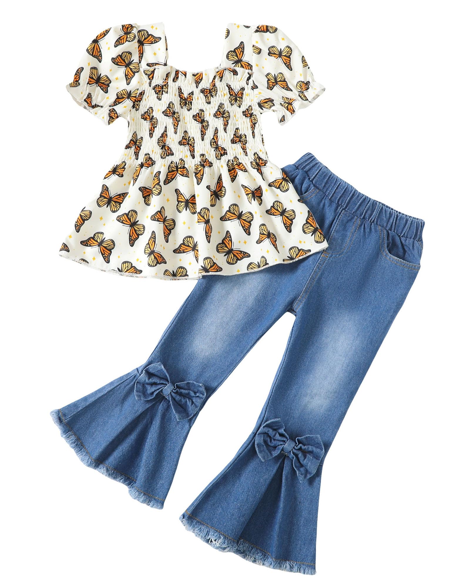 Kucnuzki Toddler Girls 2-Piece Outfit - Short Sleeve Shirt & Flare Denim Jeans Set | Cute Casual Wear for Playdates, Preschool & Family Photos