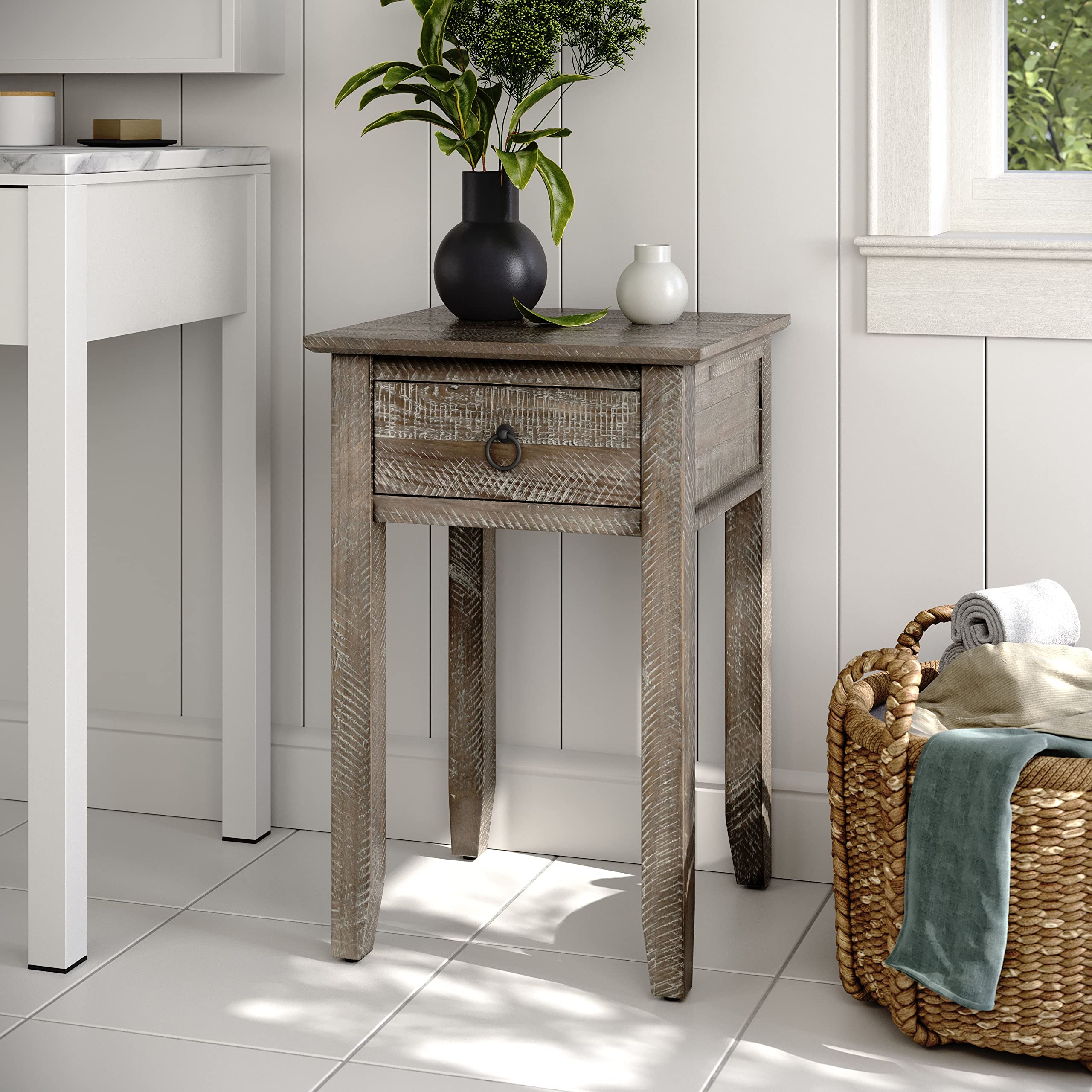 Jofran Devon Farmhouse Distressed Solid Pine End Table with Storage Shelf, Grey Wash - Perfect for Living Room, Bedroom, or Entryway Decor