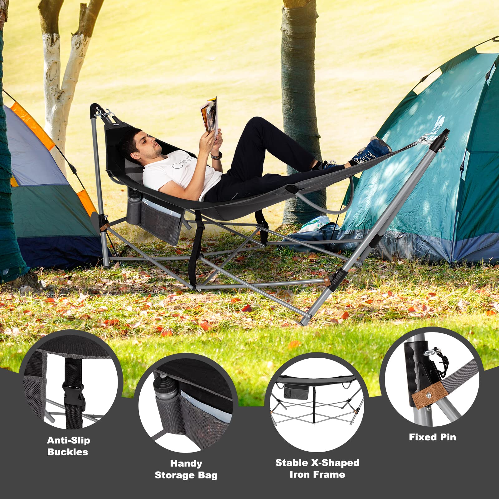 Giantex Portable Folding Hammock with Stand - Heavy Duty Camping Hammock Bed for Indoor & Outdoor Use, Patio, Yard, Beach - Includes Side Pocket, Anti-Tip Buckles & Iron Frame - Perfect for Relaxing, Camping, Backyard Lounging (Black)