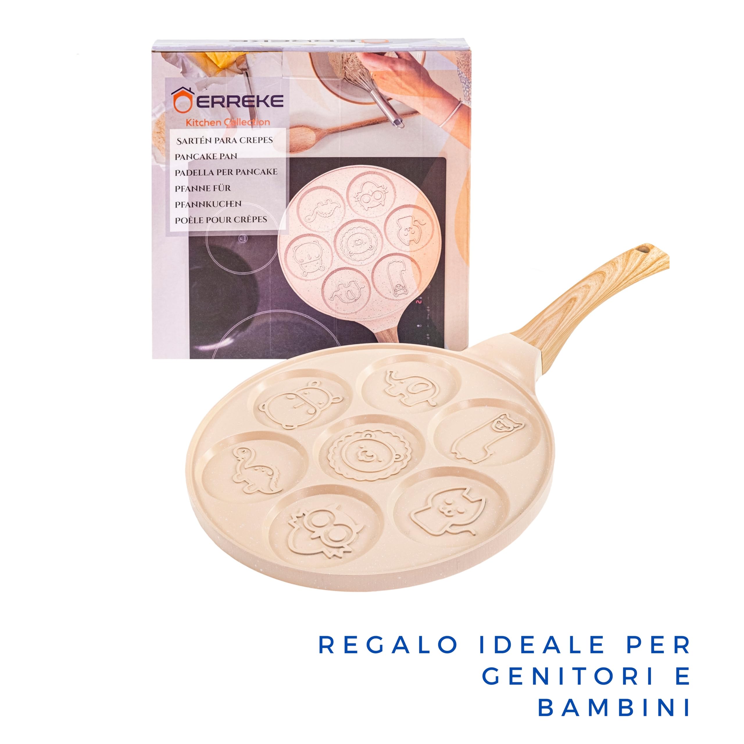 Erreke Non-Stick Pancake Pan with Fun Emoji Faces - 26cm Beige Skillet for Pancakes, Induction & All Cooktops - Perfect for Kids Breakfast & Family Cooking