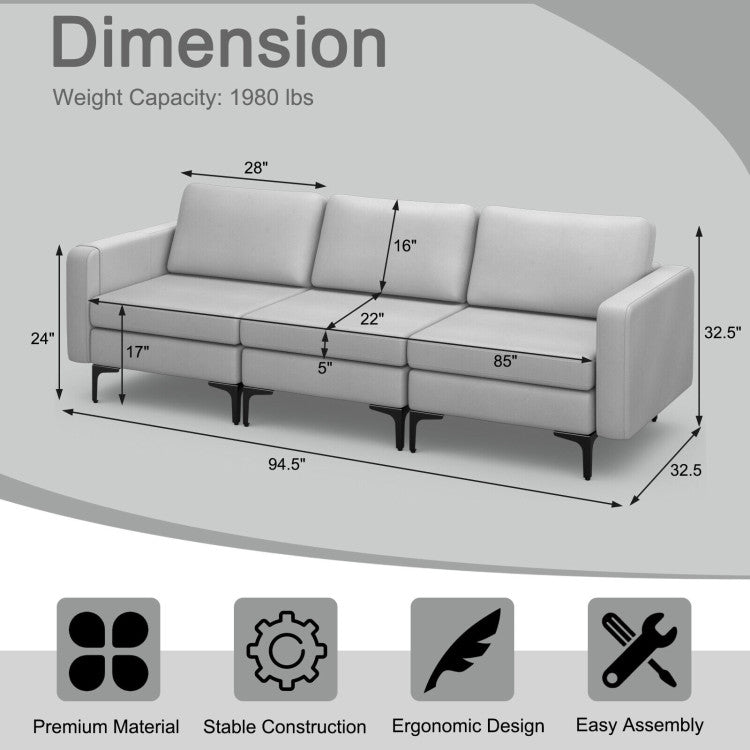 Costway 3-Seater Sectional Sofa with Steel Frame & Armrest Organizer - Modern Living Room Couch for Small Spaces & Family Gatherings