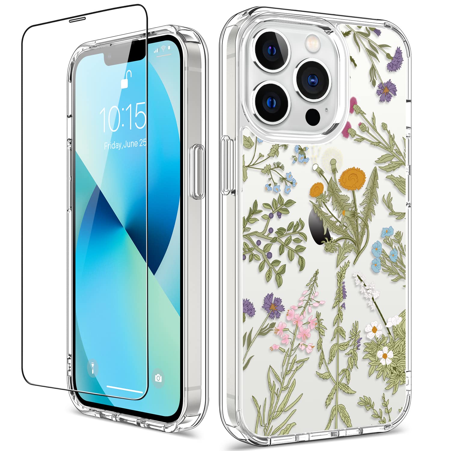 GiiKa iPhone 13 Pro Case with Screen Protector - 6.1 Inch Clear Shockproof Full Body Protective Case with TPU Bumper, Floral Design for Women (Green Flowers) - Perfect for Everyday Use, Work & Travel Protection