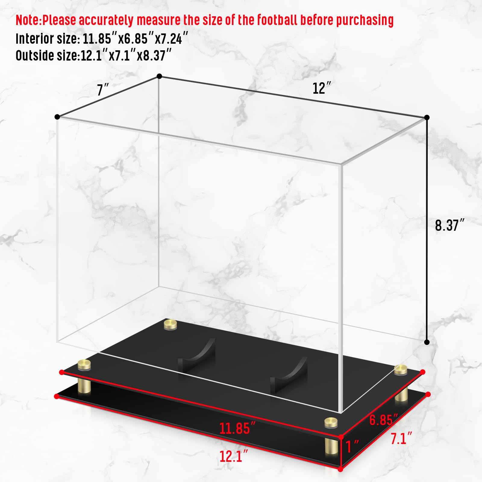 1DOT2 Clear Acrylic Football Display Case - Double-Layer Black Built-in Holder for Collectible Footballs | Perfect for Sports Memorabilia Display, Home Decor, and Gift for Football Fans (No Assembly Required)
