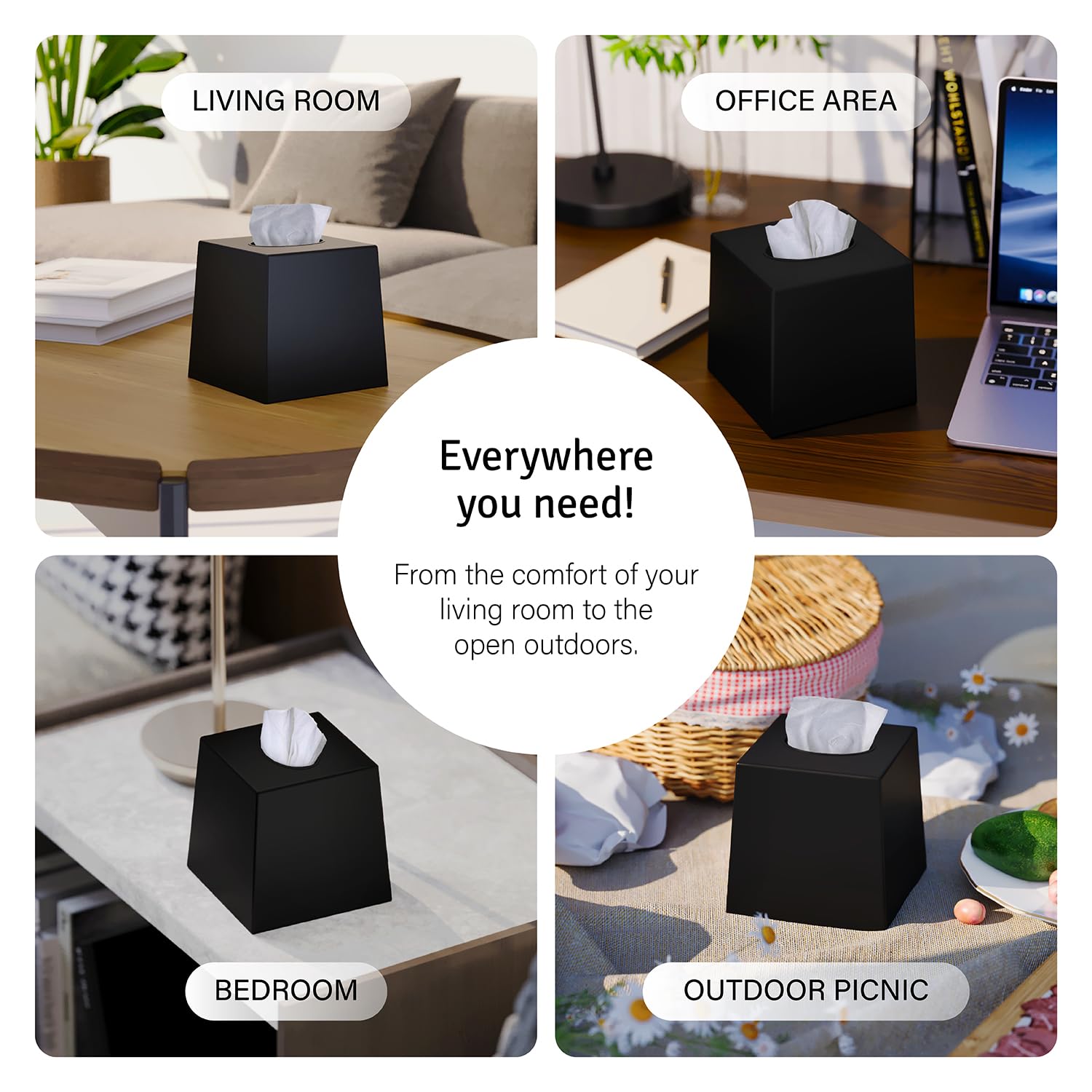 Black Square Plastic Tissue Box Cover - Decorative Cube Tissue Holder Dispenser for Living Room, Office Desk & Vanity Countertop (5.5