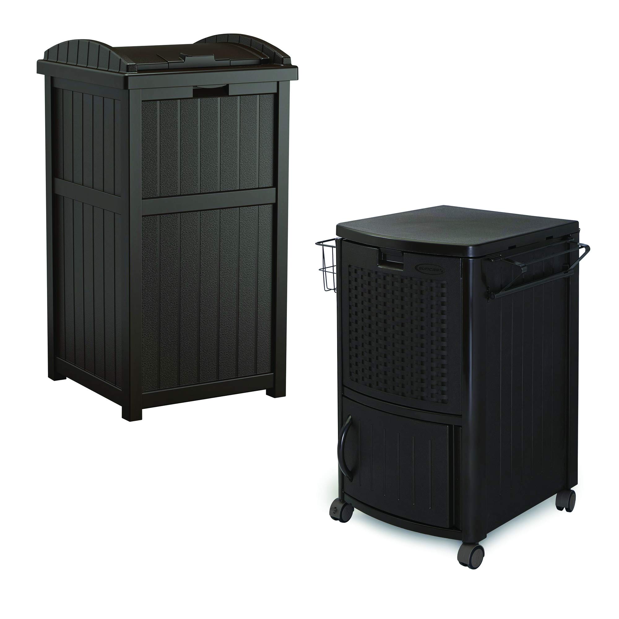 Suncast Outdoor Patio Garbage Can with Cabinet & Wire Basket - Durable Waste Trash Bin with Built-in Cooler for Backyard, Deck, Poolside & Garden Use