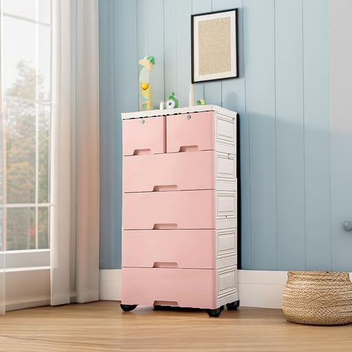 6-Drawer Rolling Dresser with Lock - Plastic Storage Cabinet for Clothes, Modern Bedroom & Closet Organizer, Pink Fabric Dresser for Bedroom, Office, Nursery & Dorm Organization - Space-Saving Storage Solution