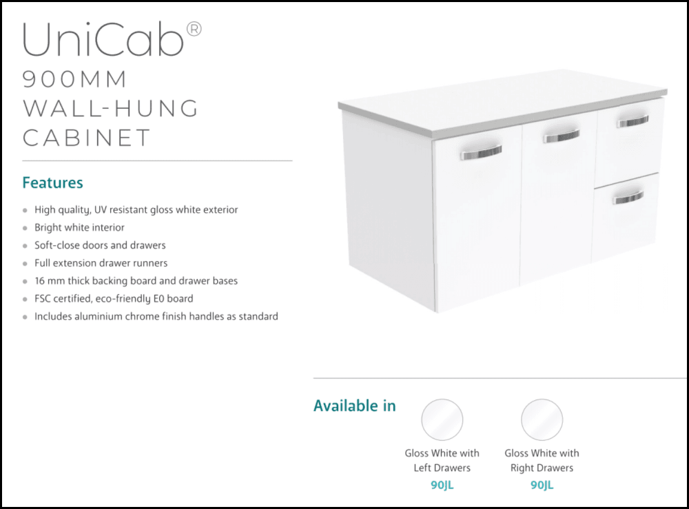 Fienza Dolce TCL90JR 900mm White Ceramic Wall-Mounted Bathroom Vanity with Handles, Single Tap Hole & Right-Hand Drawers - Perfect for Modern Bathroom Renovations and Small Space Solutions