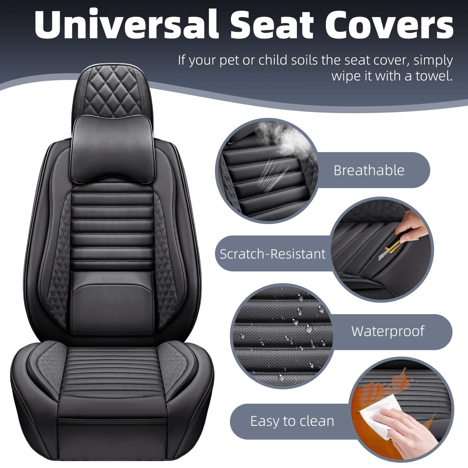 Premium Universal Leather Car Seat Covers Full Set - 5-Piece Black Seat Protectors with Headrest Pillow for Cars, SUVs & Trucks | Durable Full Coverage Protection for Daily Commute, Road Trips & Family Travel