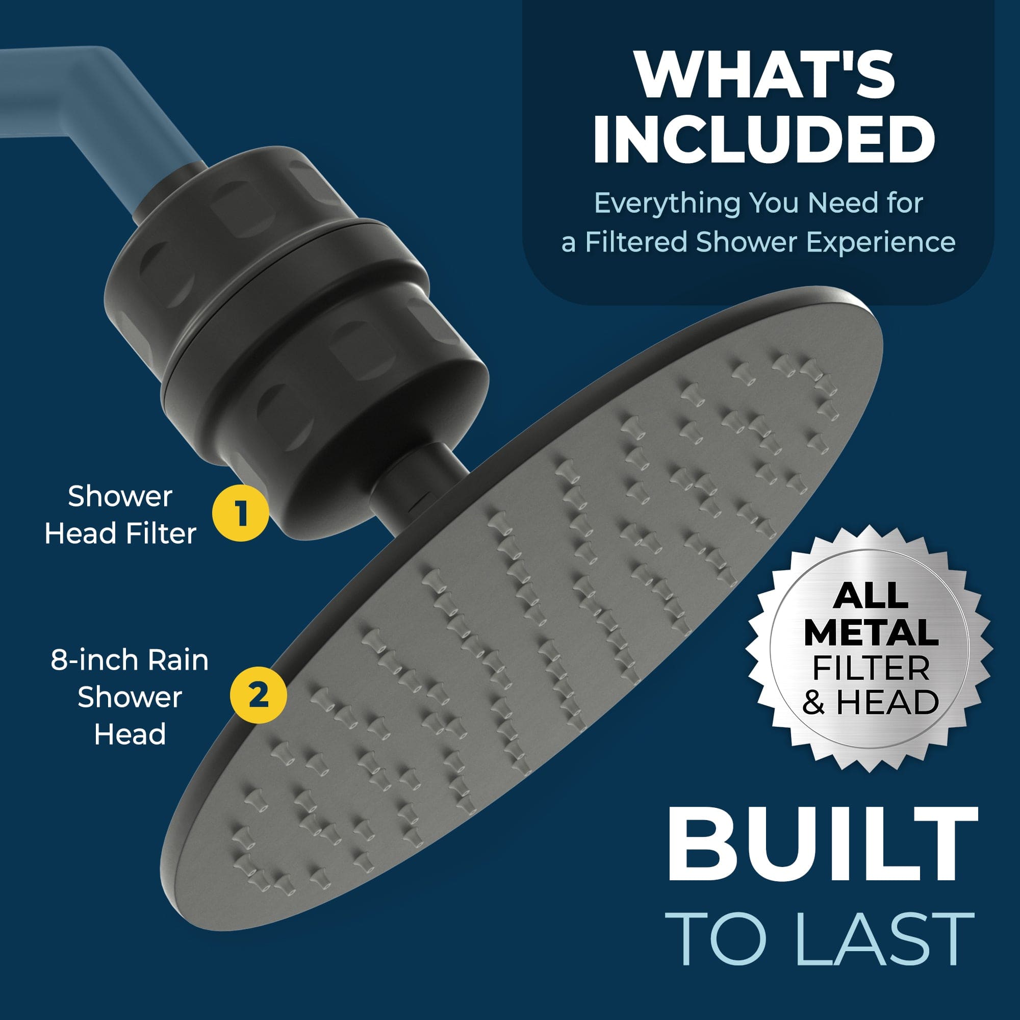 Premium All-Metal Filtered Shower Head - 8 Inch Rainfall Showerhead with 2.5 GPM Flow Rate - Luxury Bathroom Upgrade for Spa-Like Experience at Home