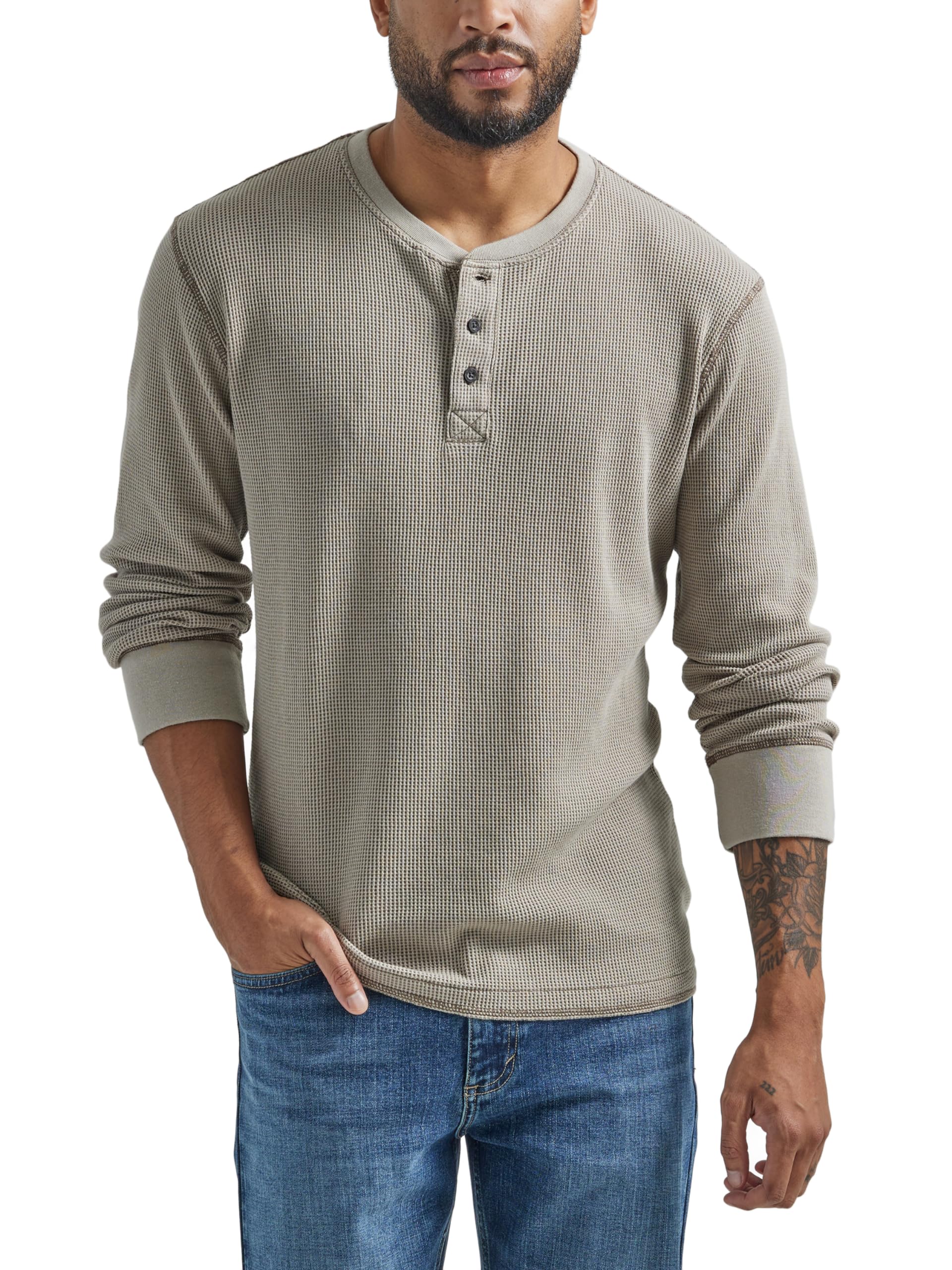 Wrangler Authentics Men's Long Sleeve Waffle Henley Shirt - Comfortable Thermal Crewneck Pullover for Casual Wear, Outdoor Activities & Layering in Cold Weather