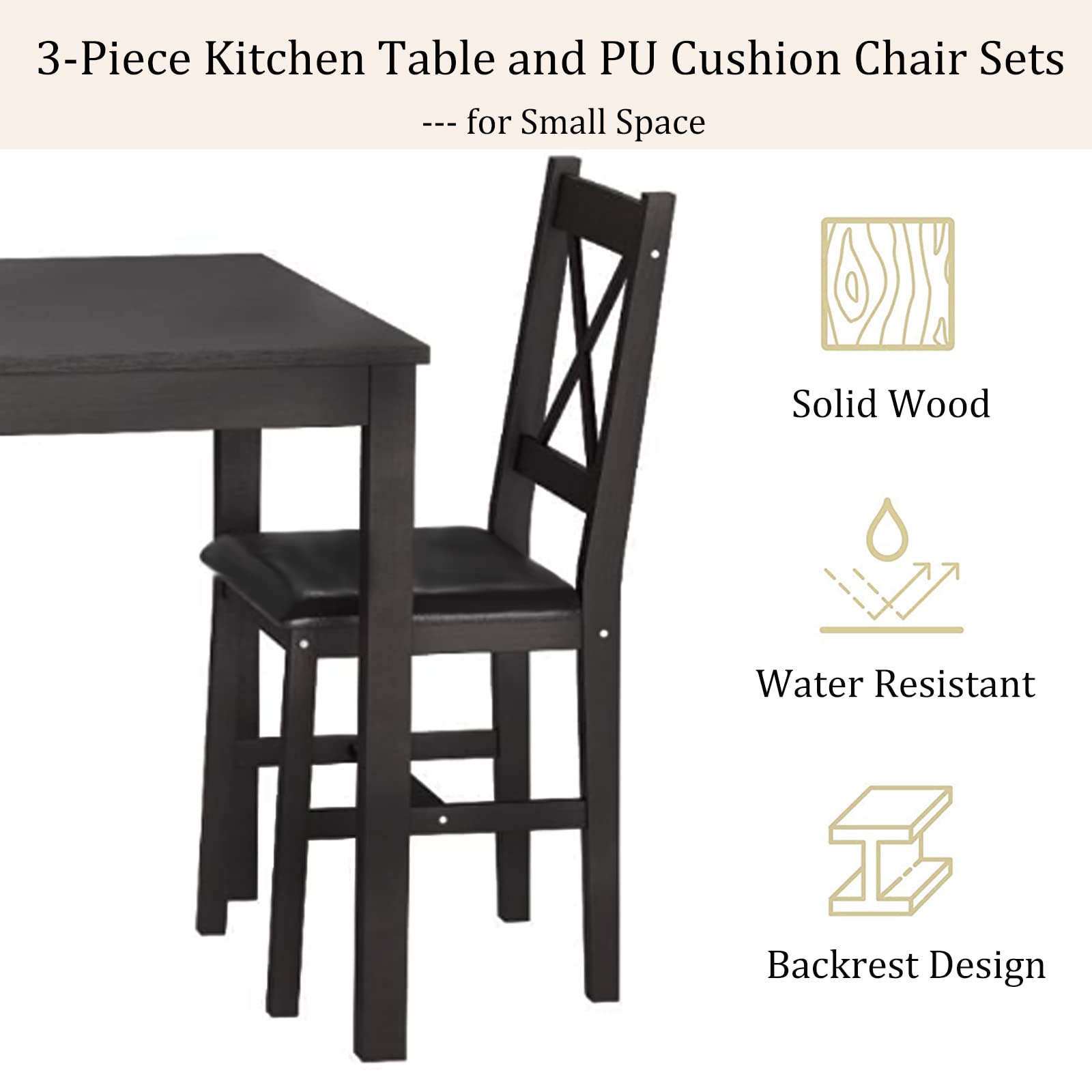 3-Piece Wooden Dining Table Set - Square Kitchen Table & Chairs for 2 - Sturdy Breakfast Nook Set for Small Spaces - Perfect for Home, Restaurant & Living Room - Brown Finish - Ideal for Compact Kitchens, Cozy Breakfast Nooks & Small Dining Areas