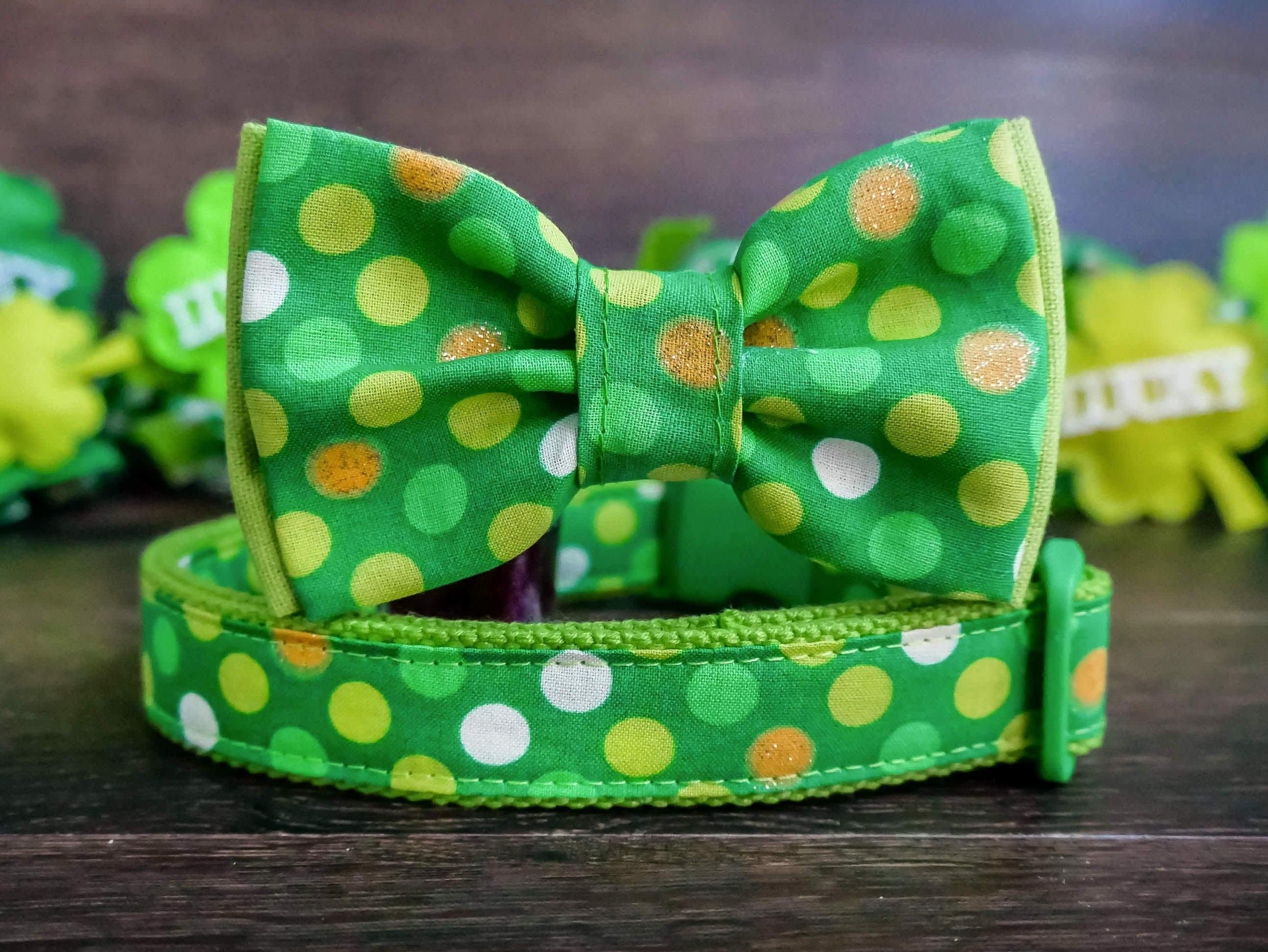 St. Patrick's Day Dog Collar Bow Tie with Glitter Dots - Festive Pet Accessory for St. Patrick's Day Parades & Parties
