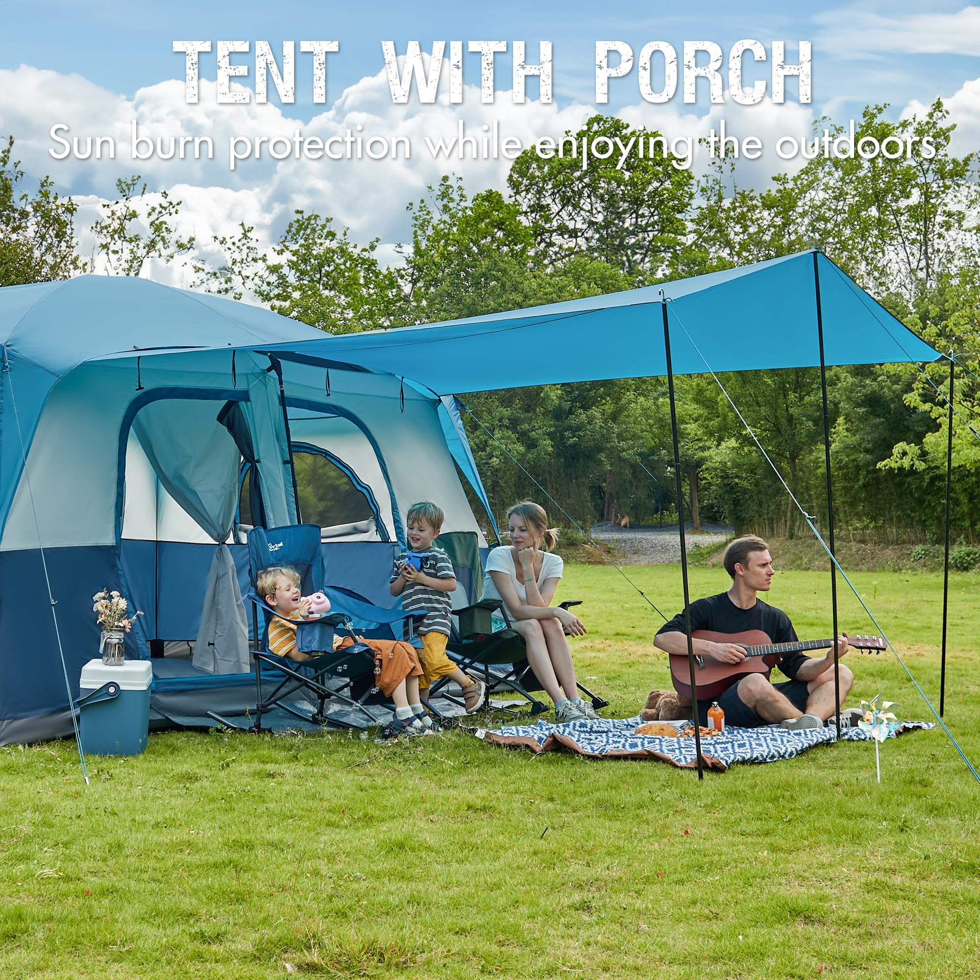 6/8/10 Person Family Camping Tent with Porch - Spacious Waterproof Large Tent with High Ceiling & Ventilation for Outdoor Adventures, Backyard Camping & Family Gatherings