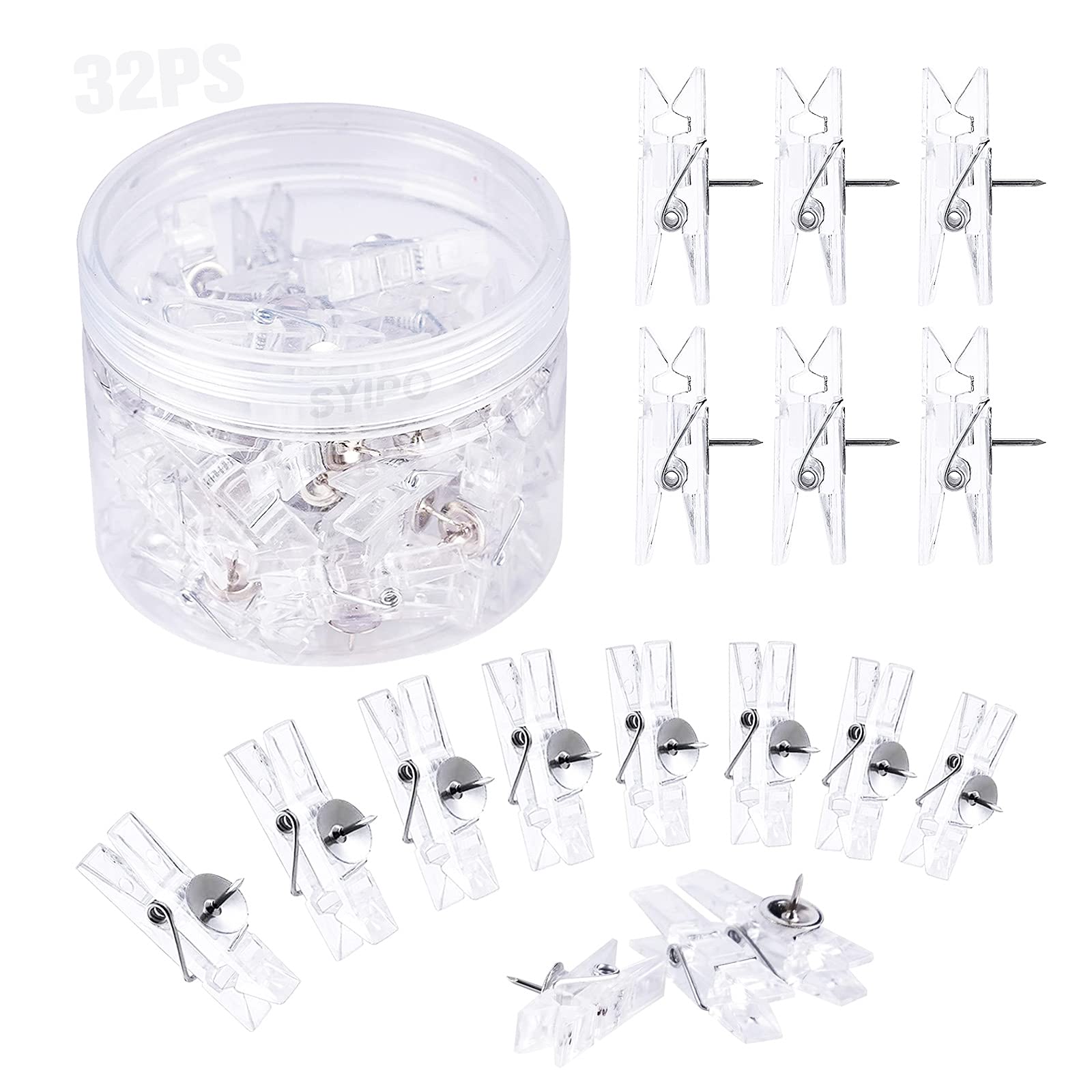 32-Piece Reusable Push Pin Clips - Clear Mini Transparent Plastic Thumbtacks for Cork Boards, Wall Art, Photos & Notes | Decorative Craft Paper Clips & Clothespins | Perfect for Office, Classroom & Home Organization
