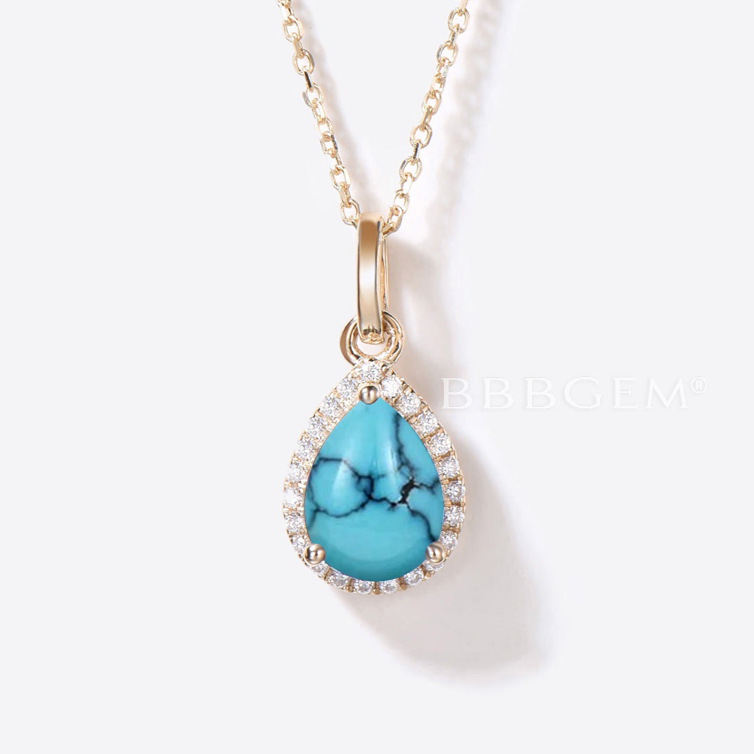 14K Gold Halo Diamond Pendant with Natural Turquoise Stone - Elegant Teardrop Necklace for Women | Perfect for Weddings, Anniversaries & Special Occasions