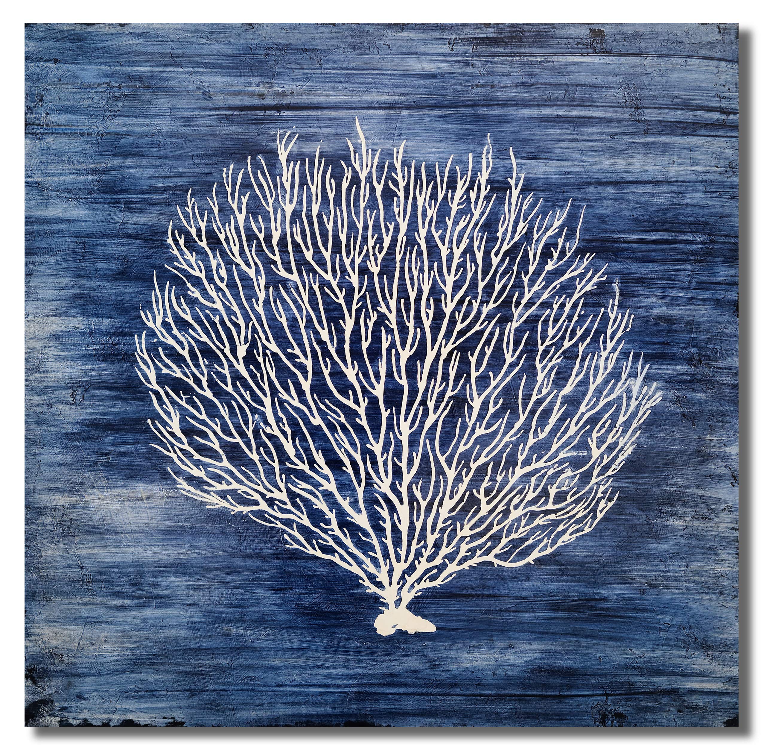Hand Painted Navy Blue Canvas Wall Art - White Coral Abstract Tree Painting | Coastal Modern Artwork for Bedroom, Living Room & Bathroom Decor | Perfect for Beach House, Office & Spa Interior Design