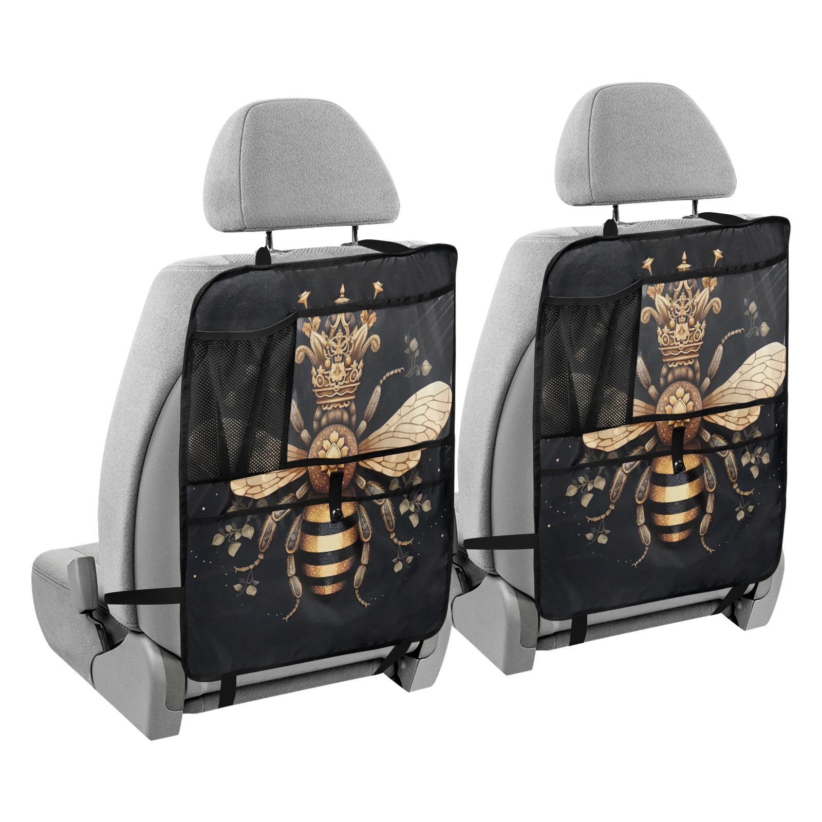 **Sinestour 2-Pack Waterproof Car Back Seat Protector - Golden Bee Crown Design, Kick Mats for Kids with Storage Pockets, Scratch & Dirt Protection - Ideal for Family Road Trips & Pet-Friendly Vehicles**