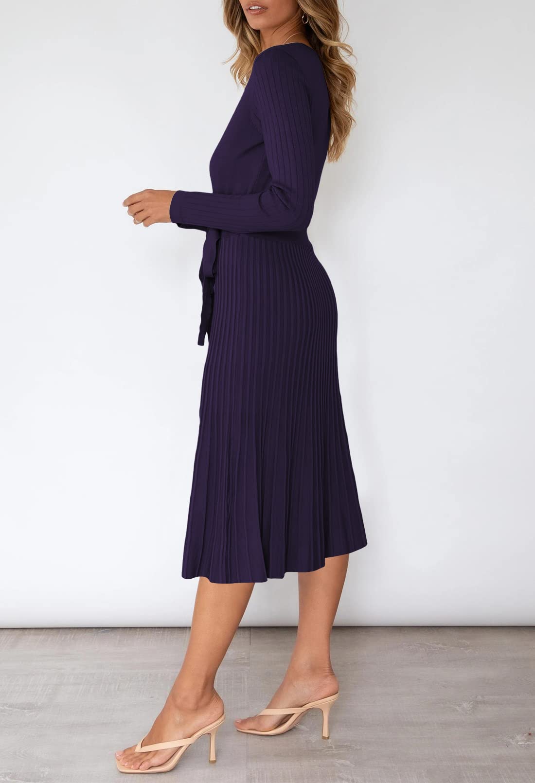 Pink Queen Women's Wrap Sweater Dress - V Neck Long Sleeve Ribbed Knit Midi Dress with Belt | Casual Office Wear, Fall Winter Outfits, Date Night Dresses